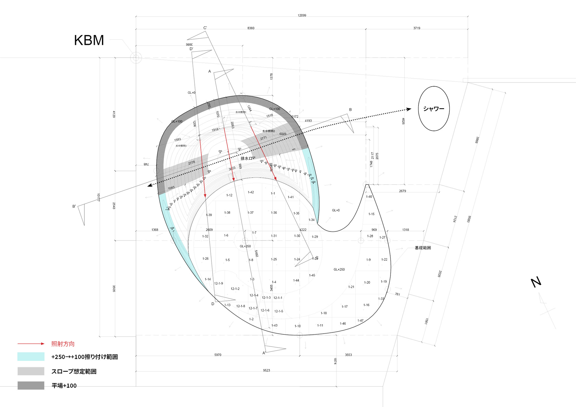 Site plan drawing with color-coded elevation zones and dimensional annotations showing a curved building footprint