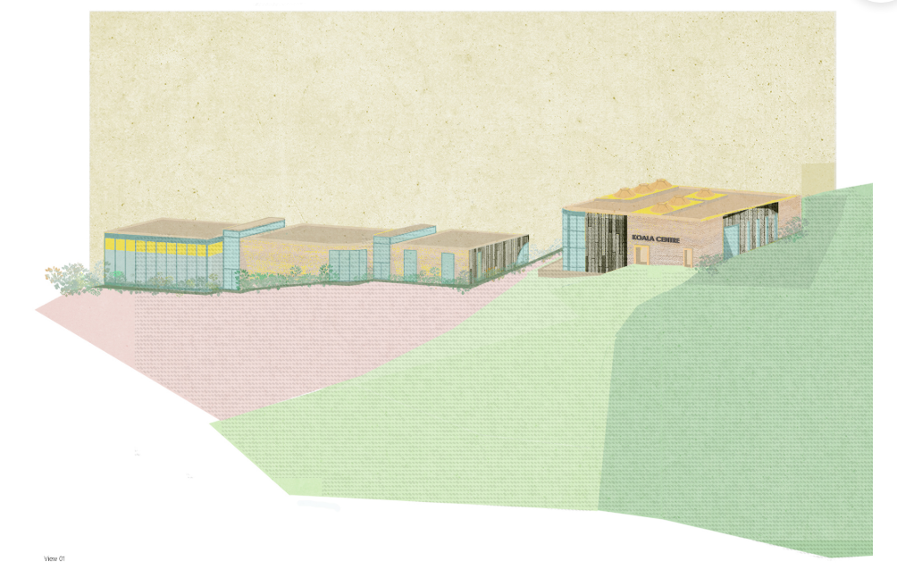 Rehabilitation center axonometric highlighting koala recovery spaces, modular planning, and environmentally responsive architectural systems.