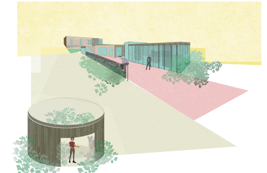 Exterior perspective of the koala habitat featuring low-impact sustainable architecture embedded within the natural landscape.