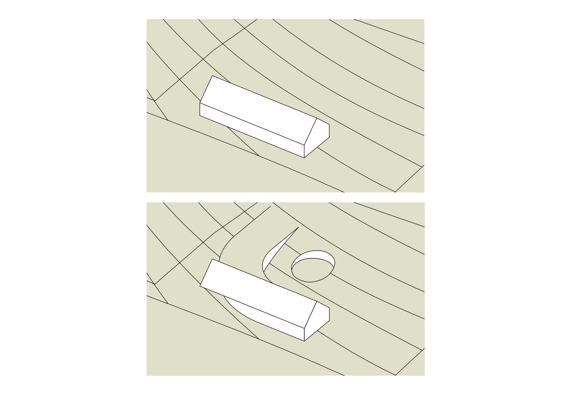 Axonometric diagrams showing the gabled volume above and the underground wing with circular opening