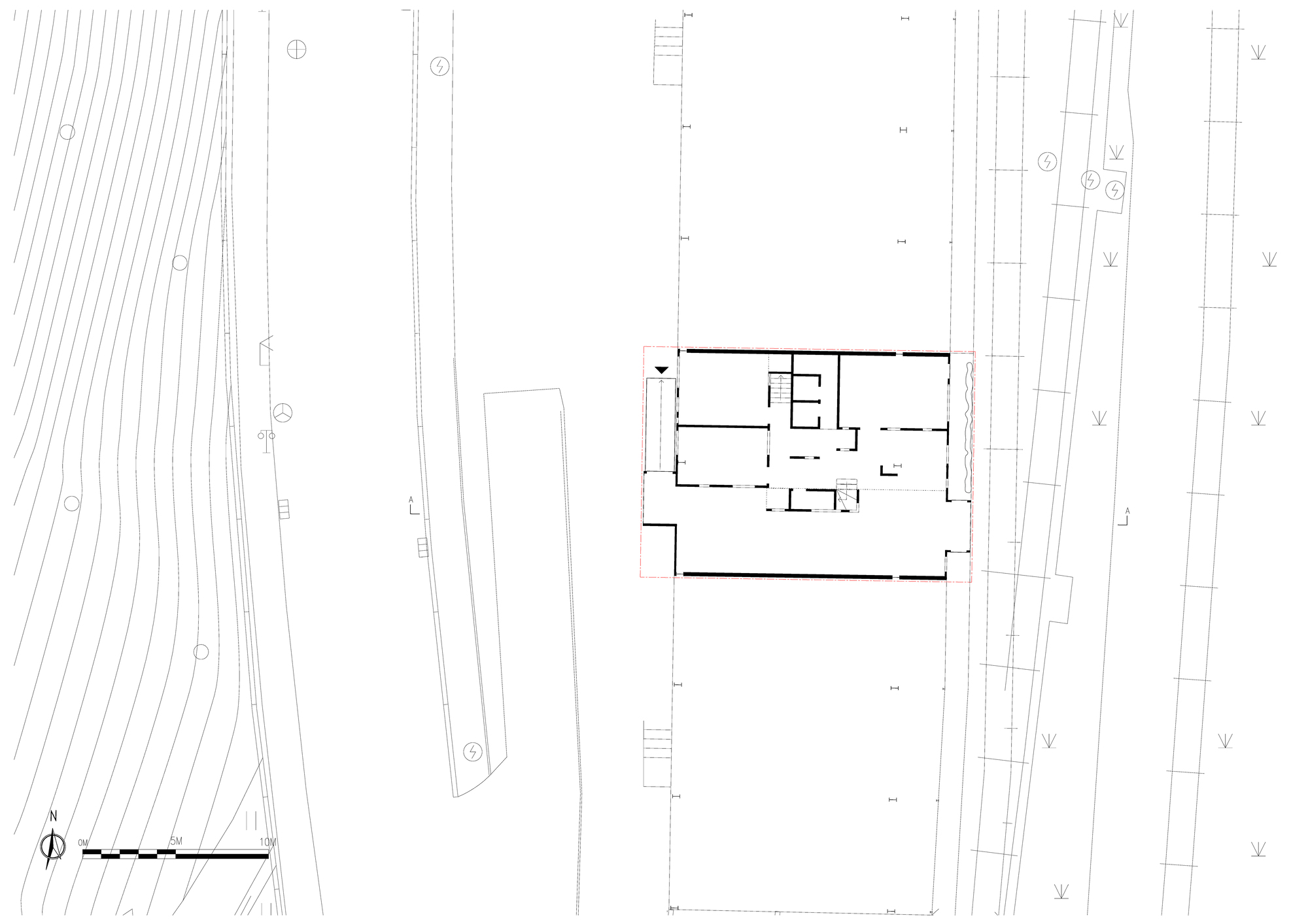Site plan drawing showing the building footprint positioned between railway tracks and adjacent structures