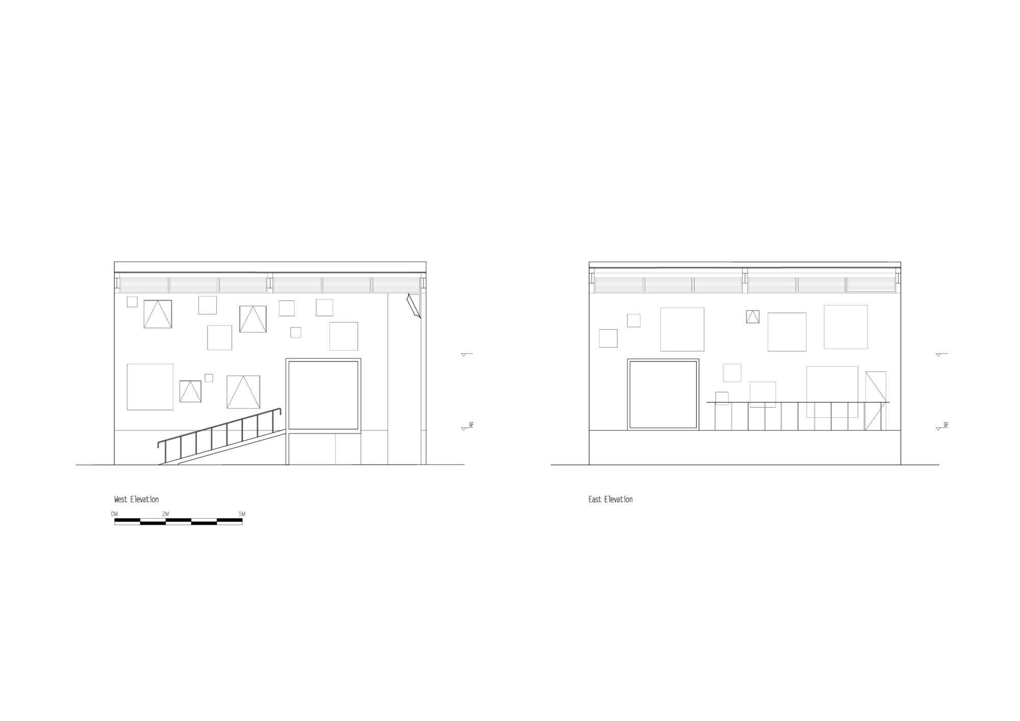 Elevation drawings showing west and east facades with window placements and stair configuration