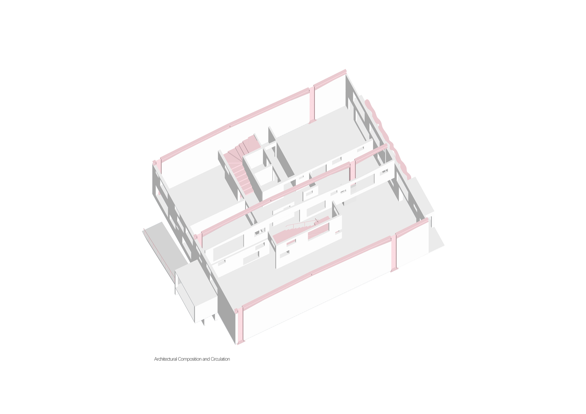 Axonometric drawing showing the structural frame with pink beams and interior partition walls