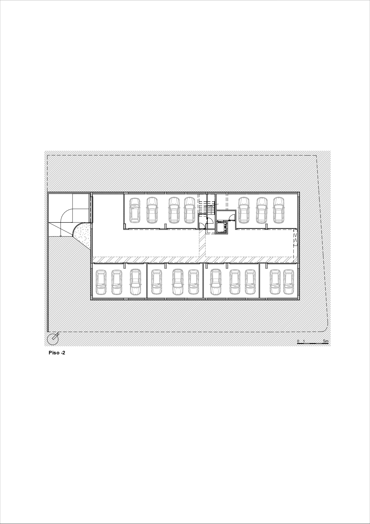 Basement level plan drawing showing two rows of parking spaces flanking central circulation spine