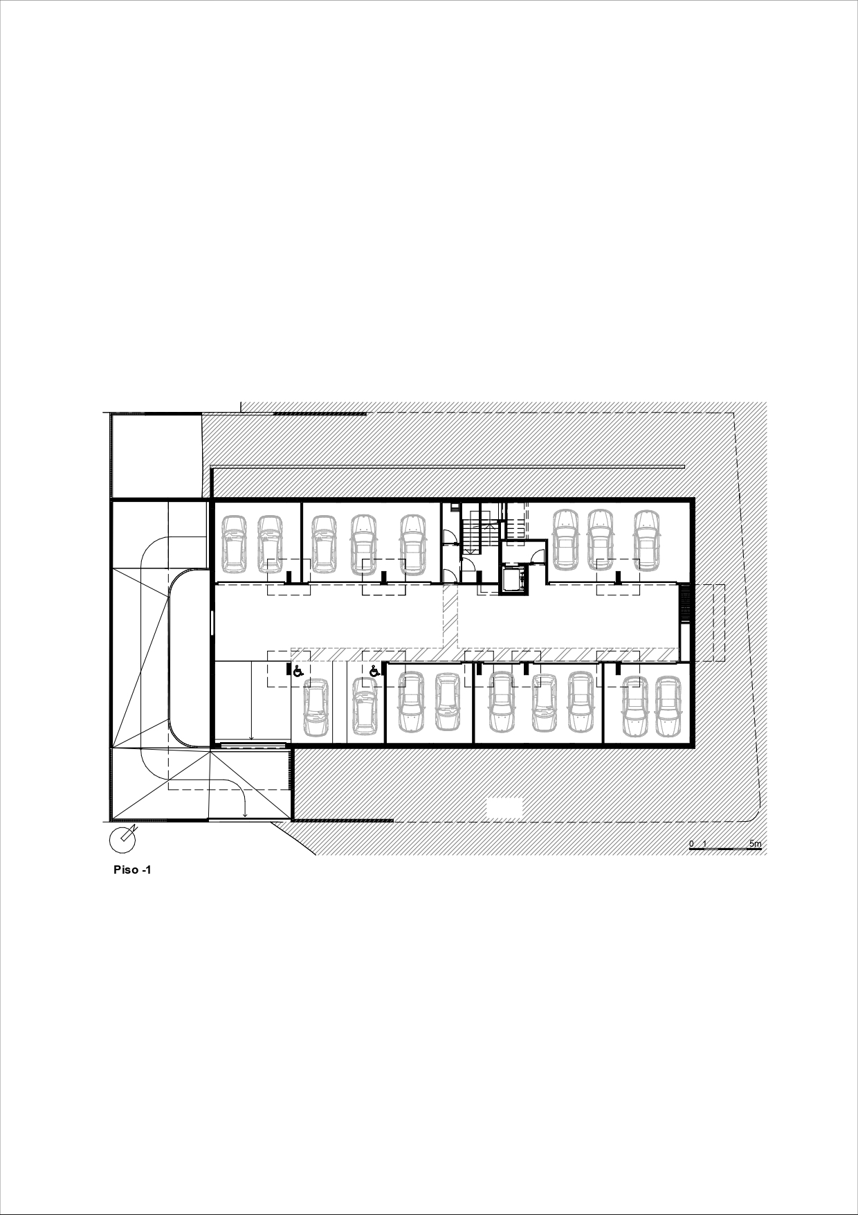 Lower parking level plan drawing showing vehicle spaces organized around central stair and elevator core