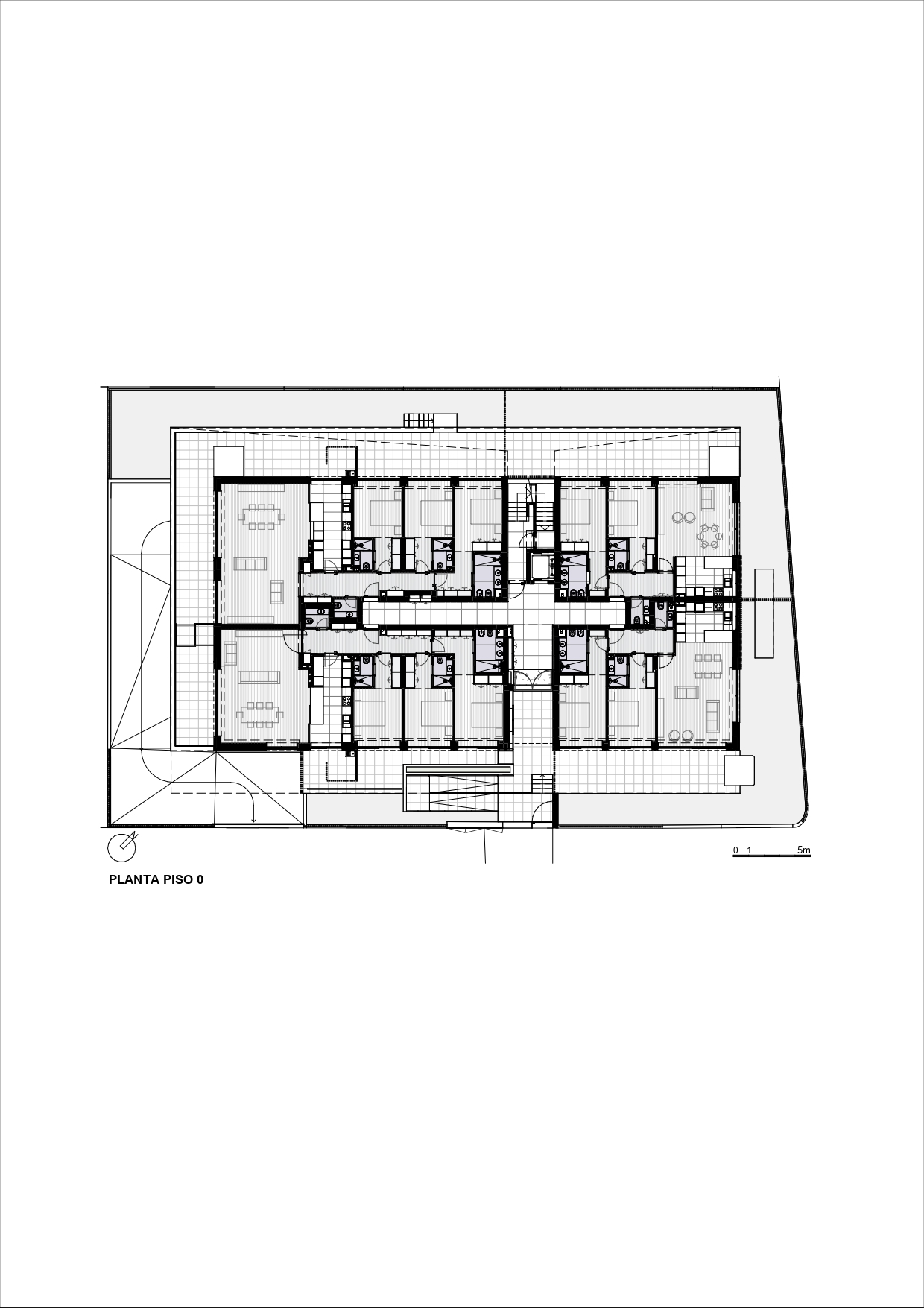 Floor plan drawing showing residential units arranged around a central core with terraces at corners
