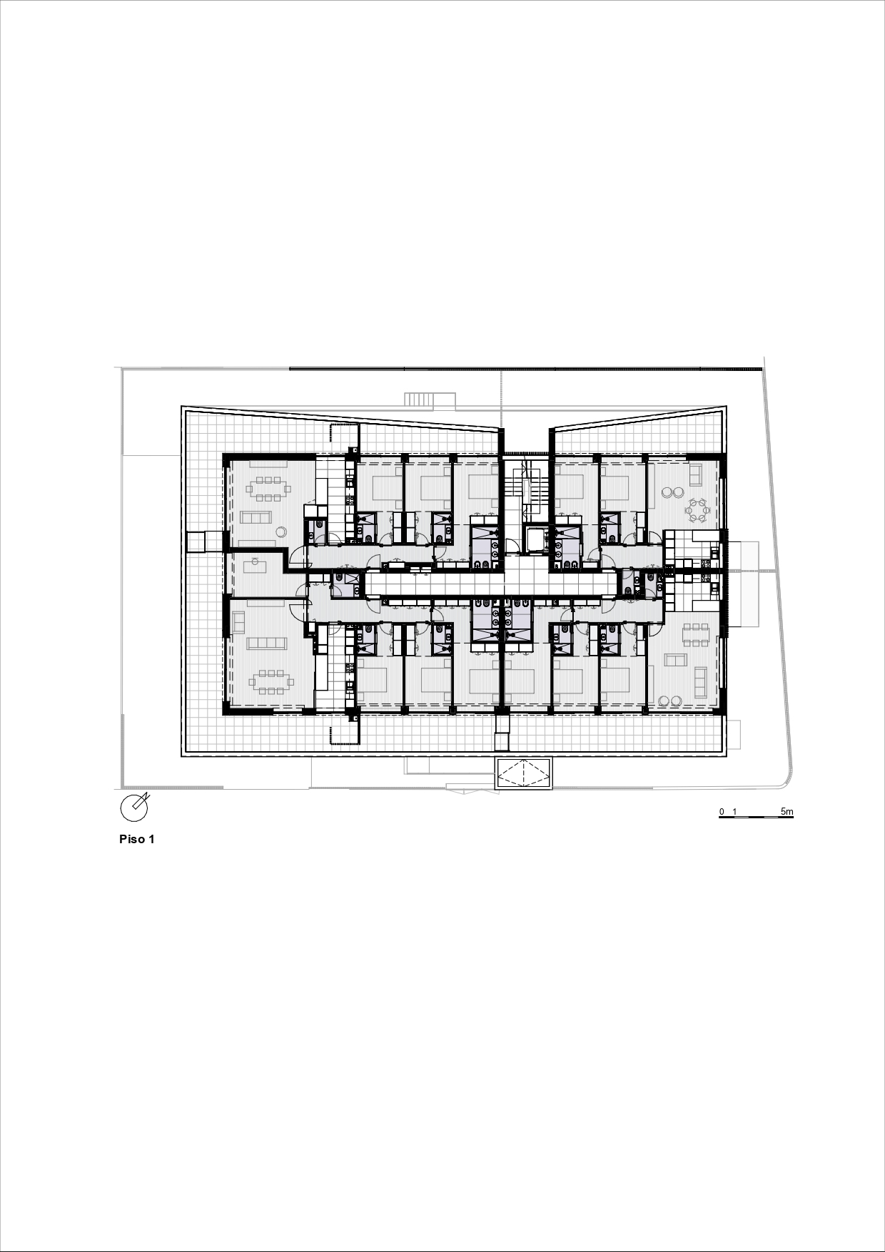 Floor plan drawing depicting multiple dwelling units with a central circulation core and curved perimeter balconies