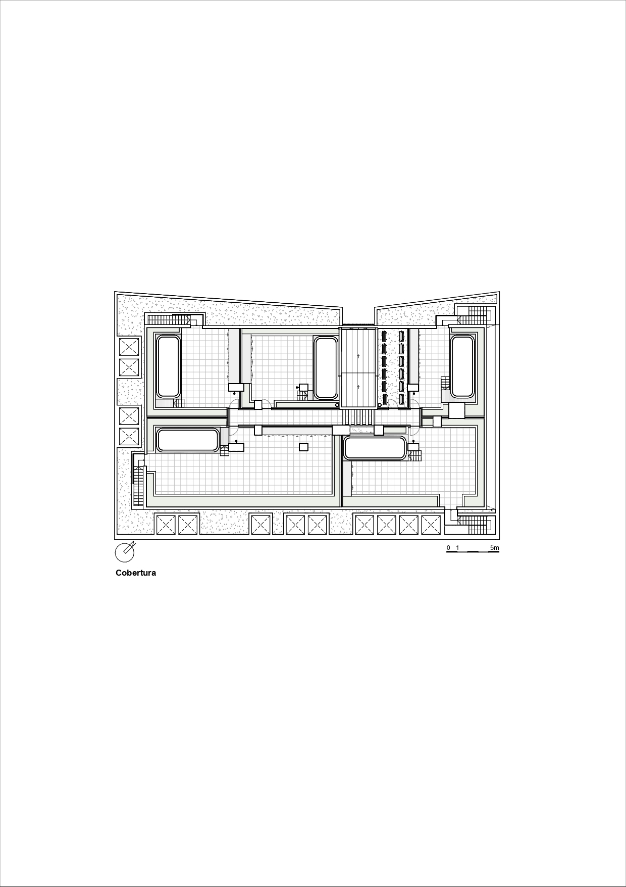 Roof plan drawing showing a swimming pool and mechanical equipment on the upper level