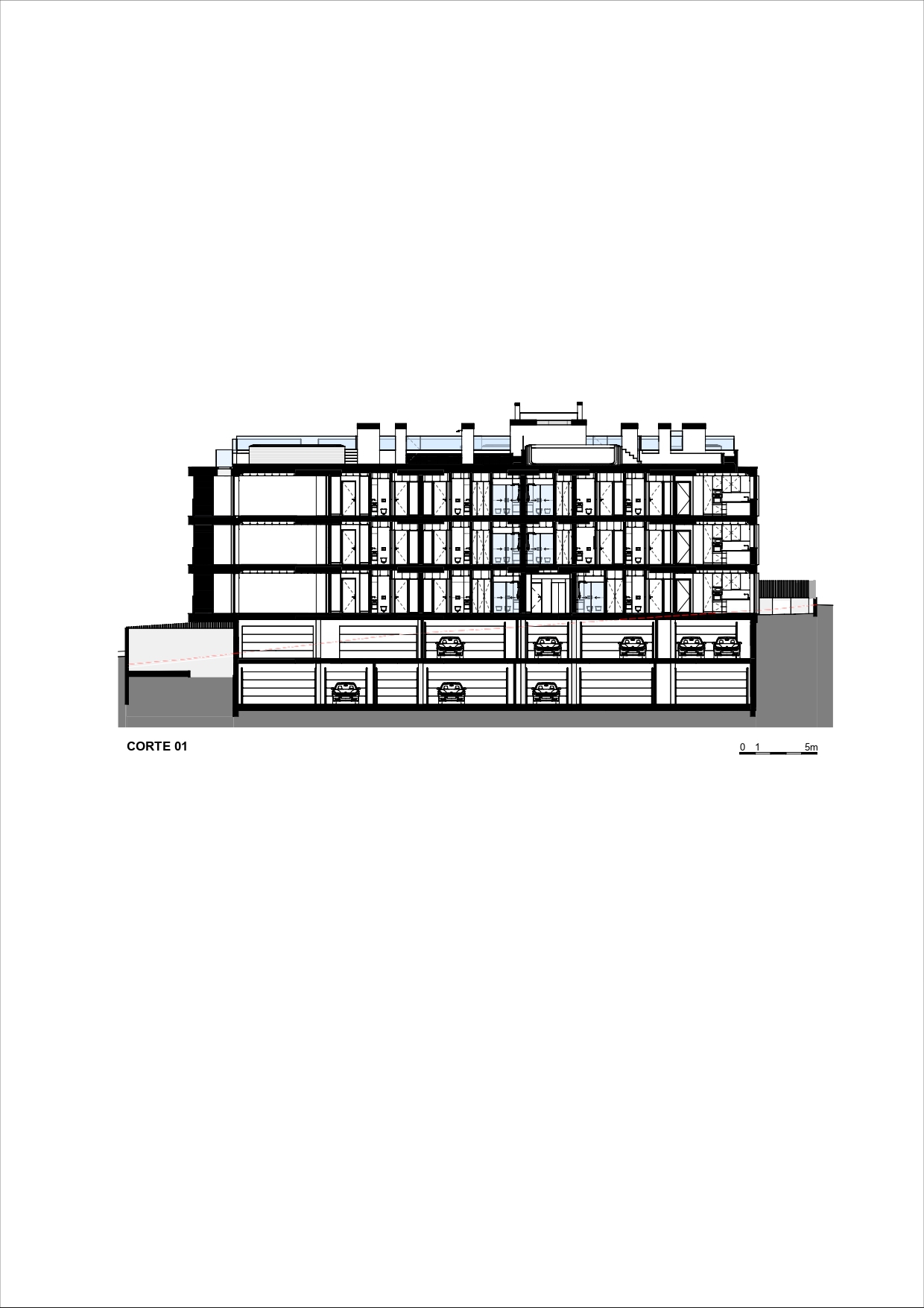 Building section drawing revealing four residential levels above a two-story parking garage
