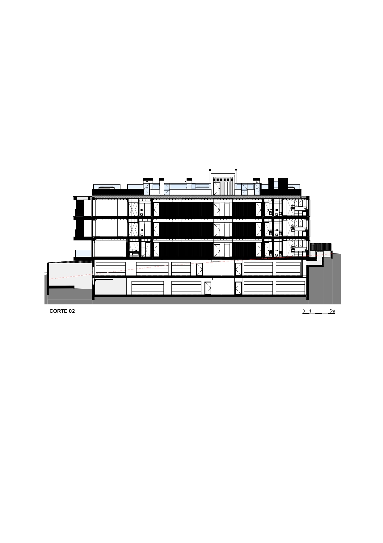 Building section drawing showing the floor plates and central elevator core through the building depth