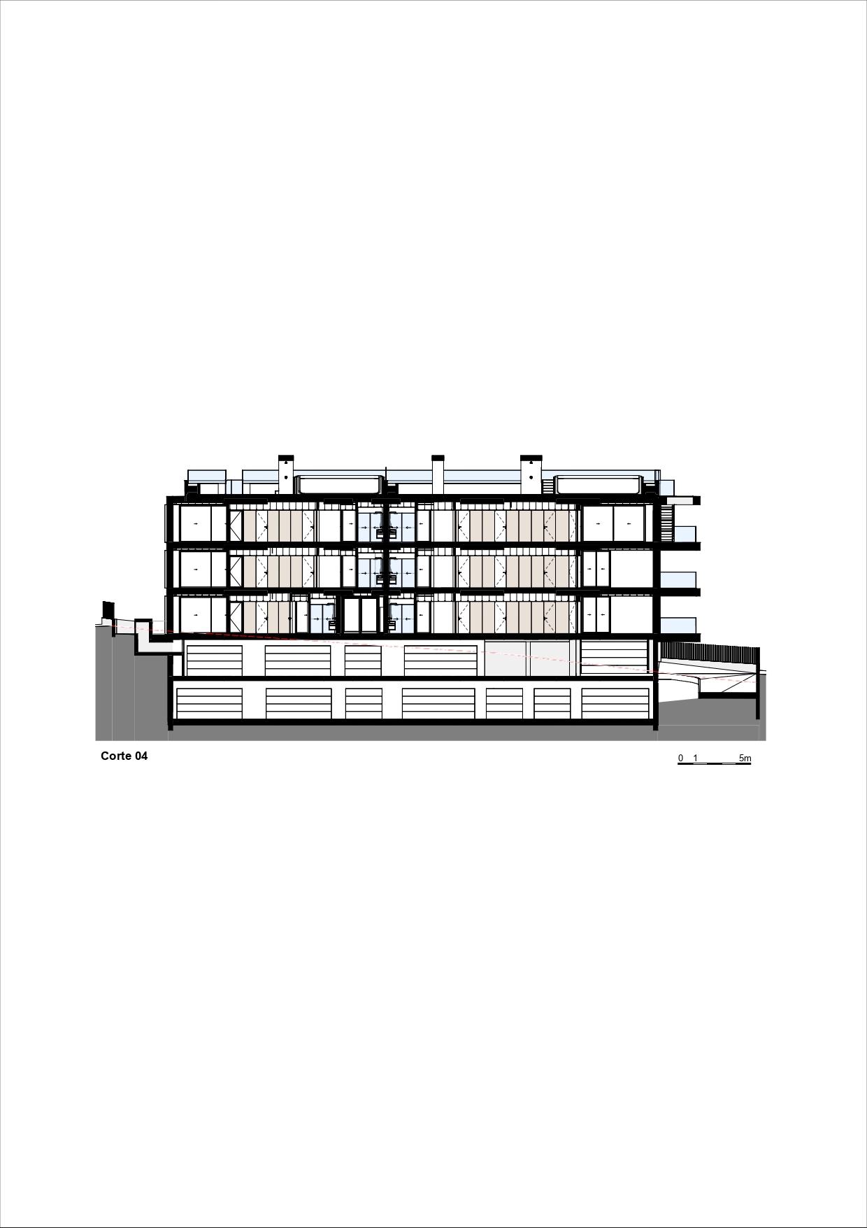 Section drawing depicting the longitudinal cut through the building revealing floor plates and underground parking