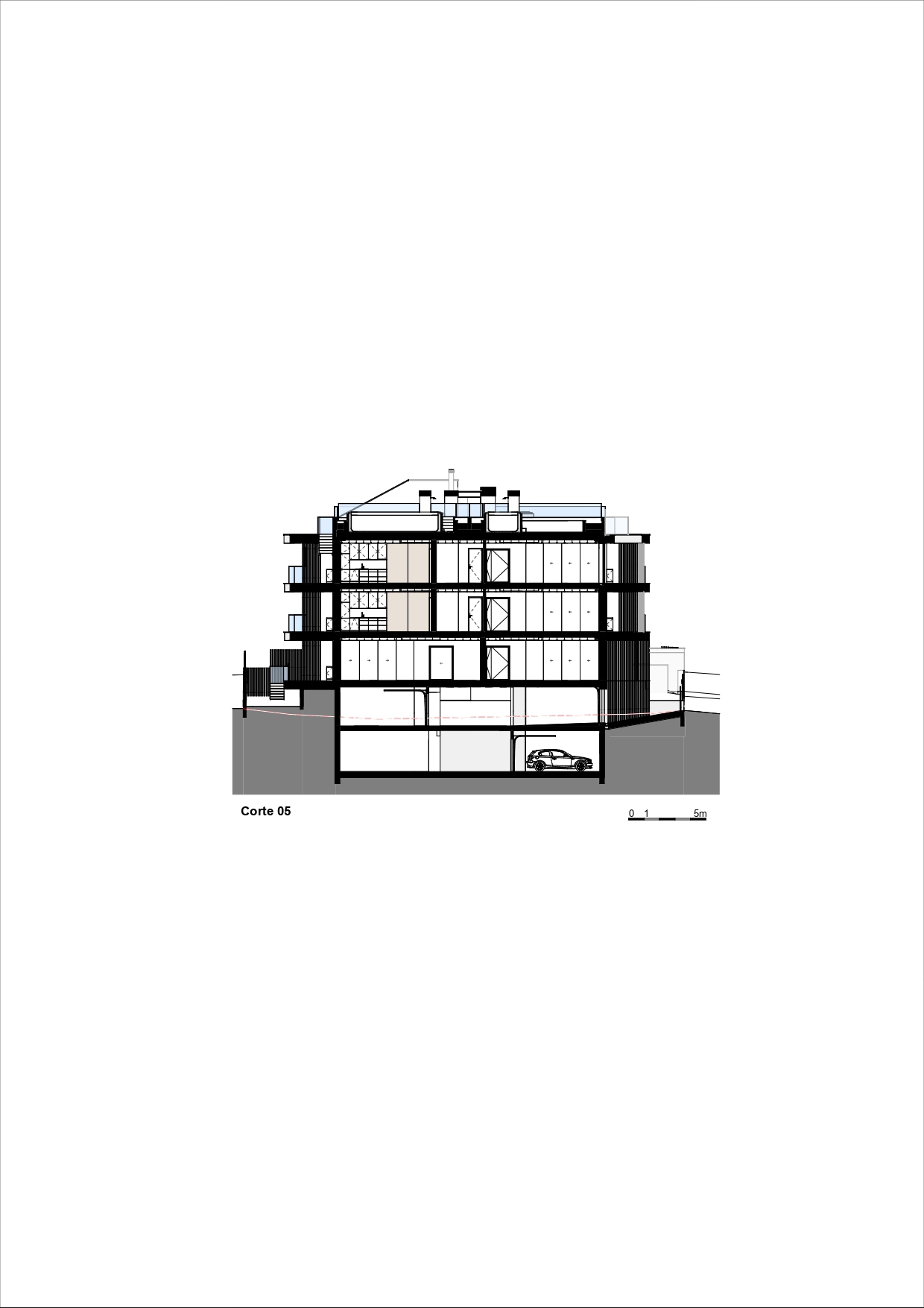 Section drawing showing the transverse cut with staggered balconies and a car in the basement level