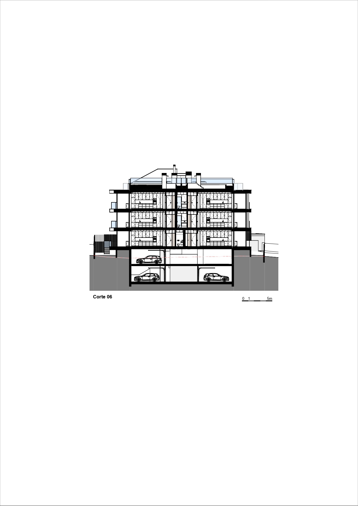 Section drawing illustrating the residential floors above a two-level basement with parked vehicles