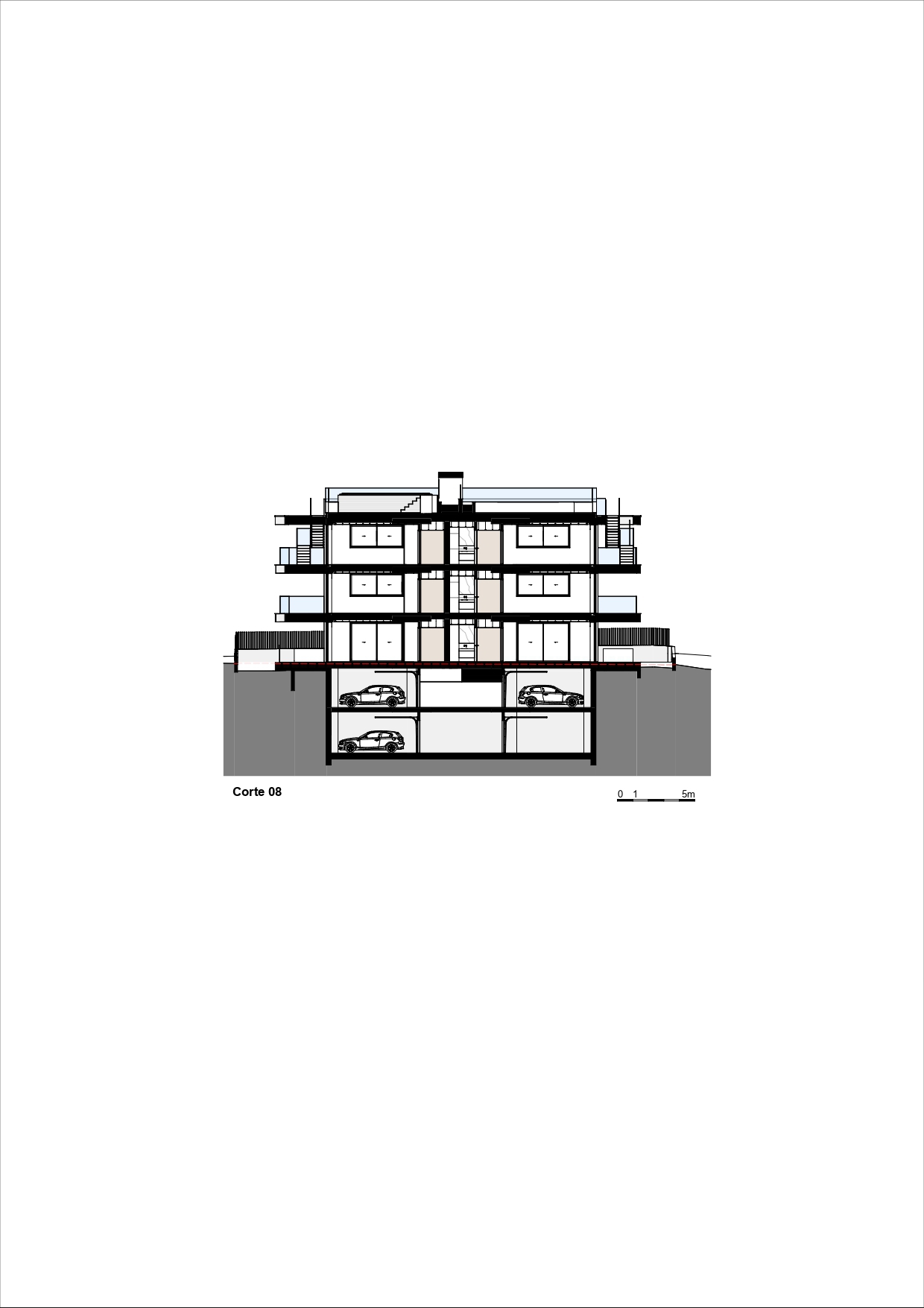 Section drawing revealing symmetrical units with central stairwell and terraced upper floors