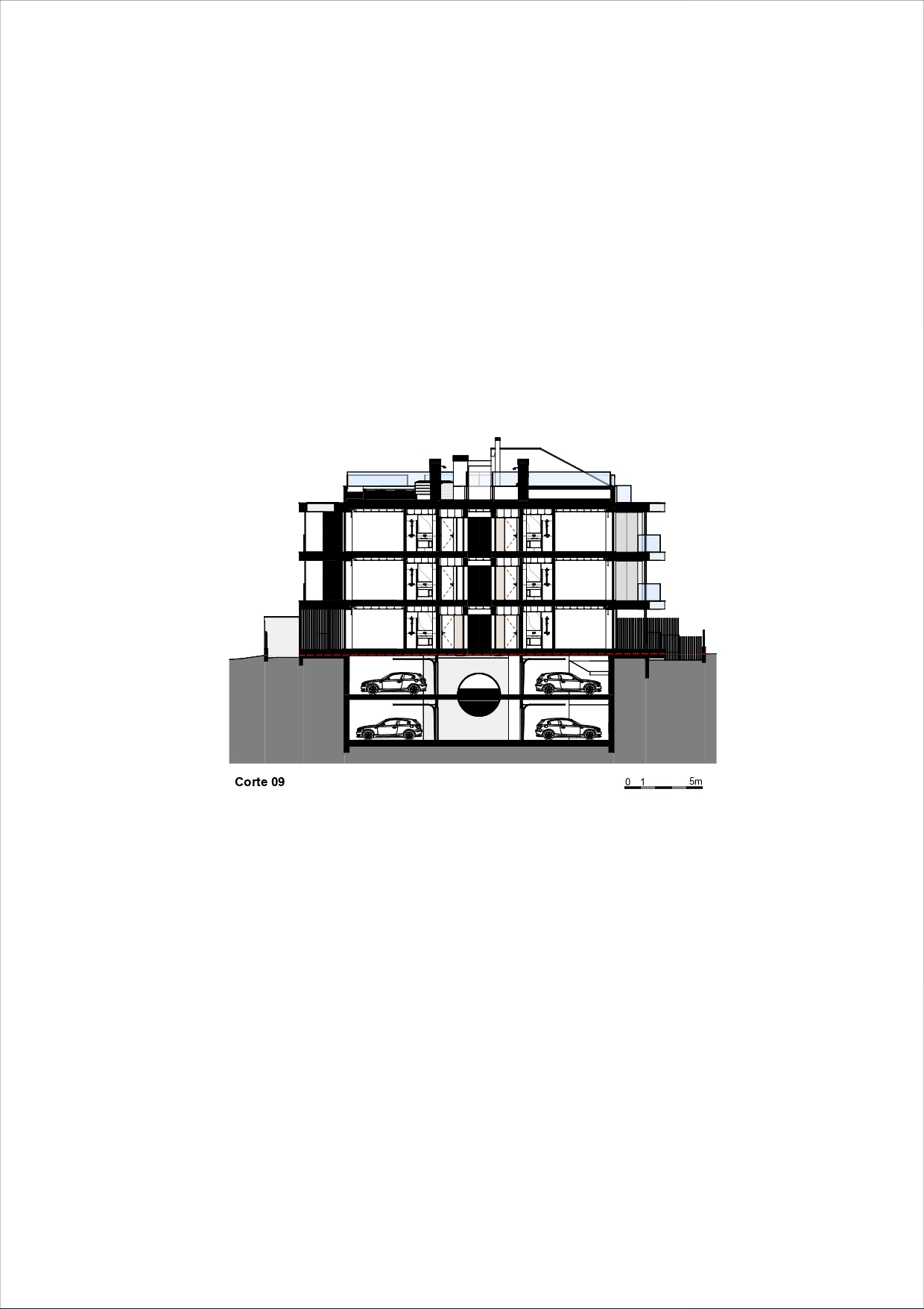 Section drawing showing a multi-story building with underground parking levels and stacked residential floors