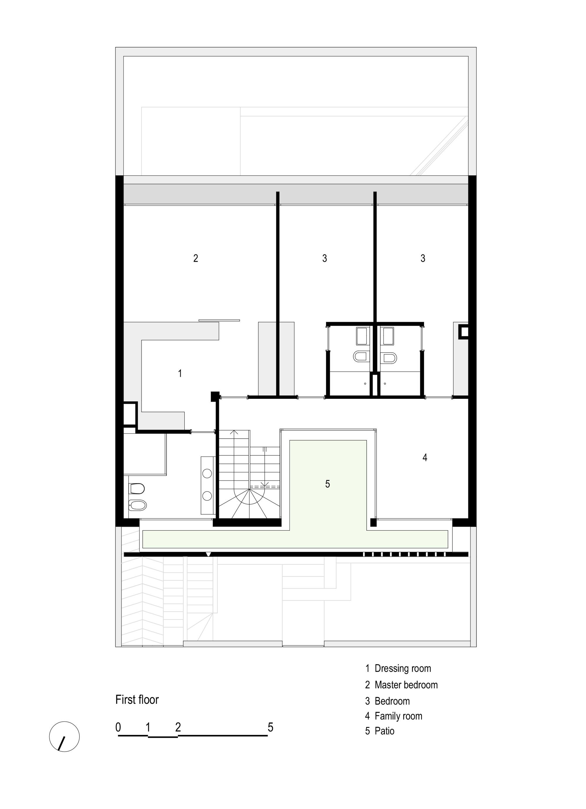 First floor plan drawing showing master bedroom, bedrooms, family room and patio around central stair