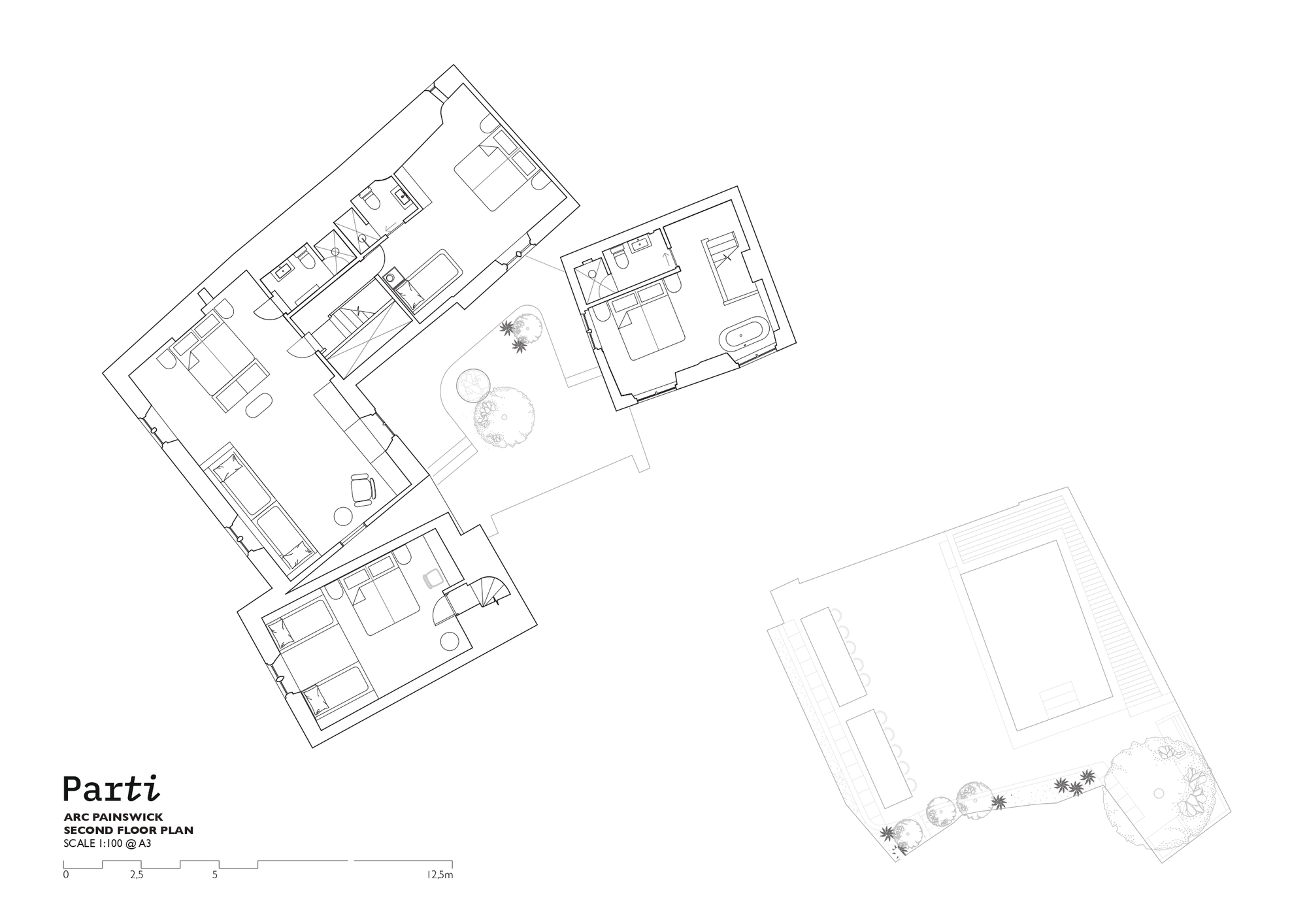 Second floor plan drawing showing angled rooms around a central courtyard with outbuilding