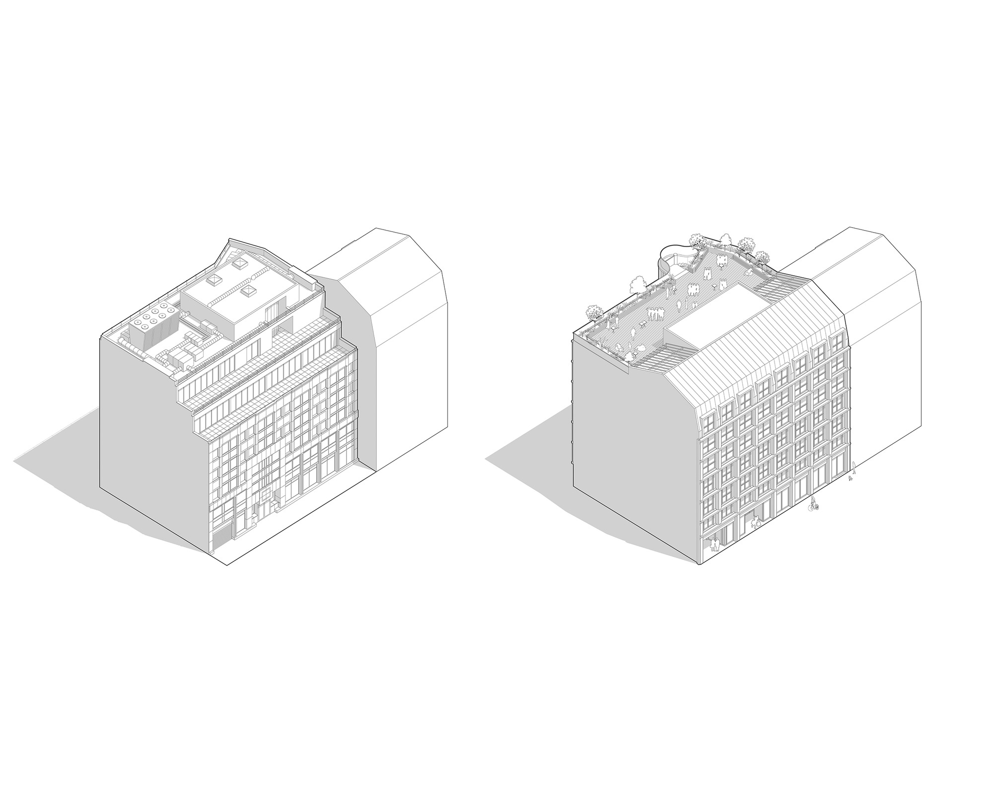 Axonometric drawing showing two facade options for a building volume between two adjacent structures