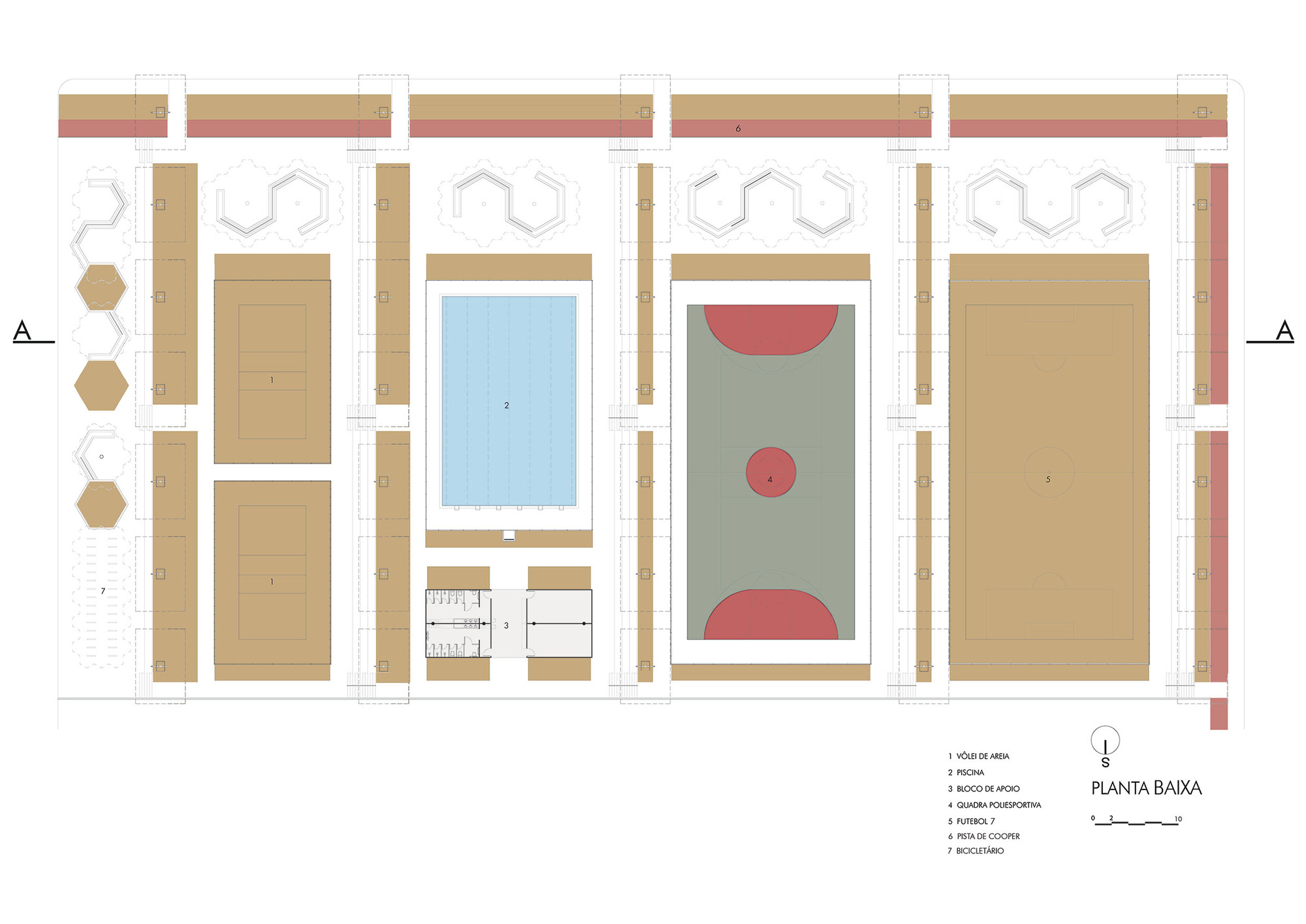Floor plan drawing showing swimming pool, sports court, and multiple rectangular building volumes with solar arrays