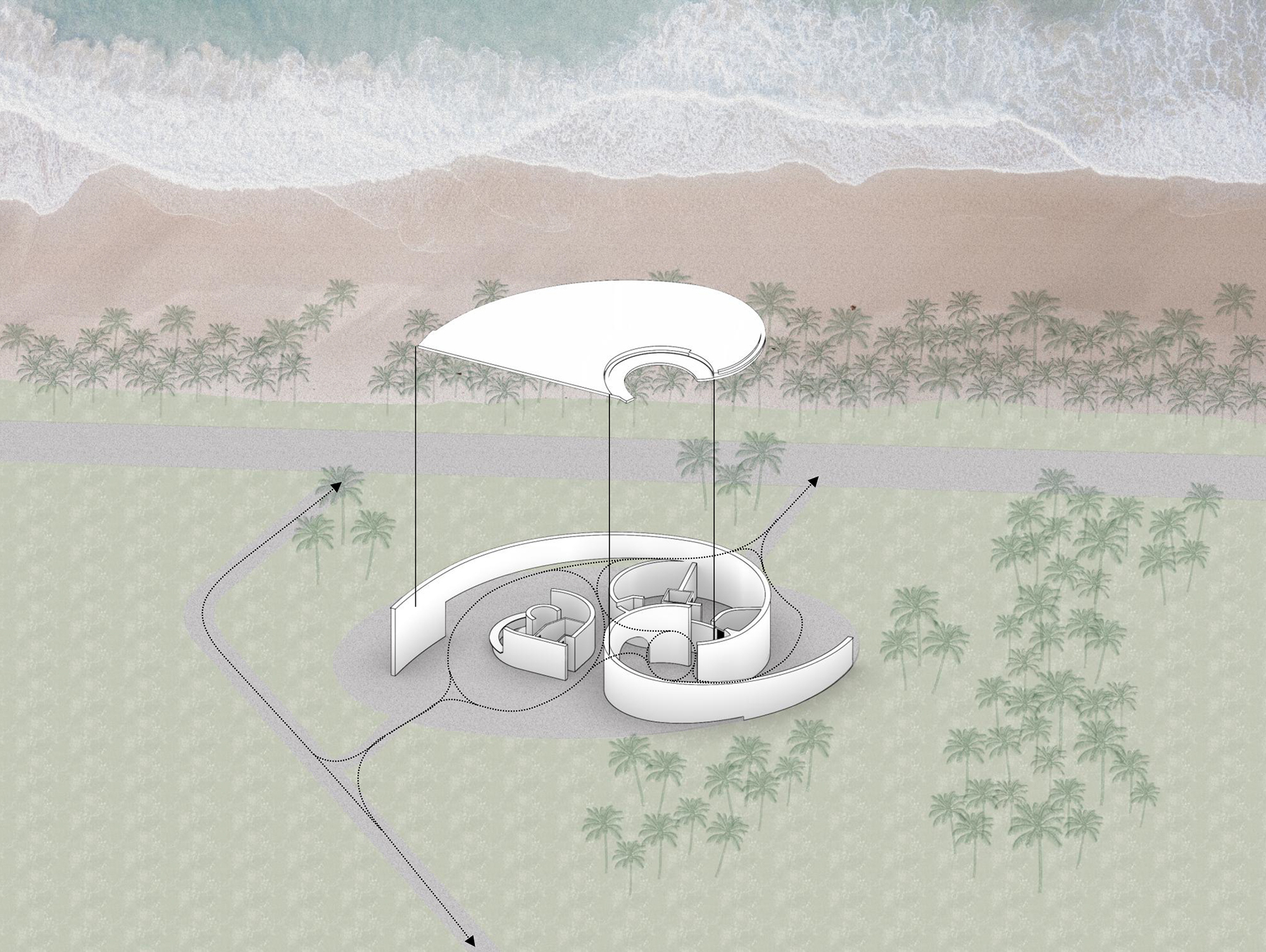 Axonometric drawing showing the curved roof canopy and circular interior volumes adjacent to a beach