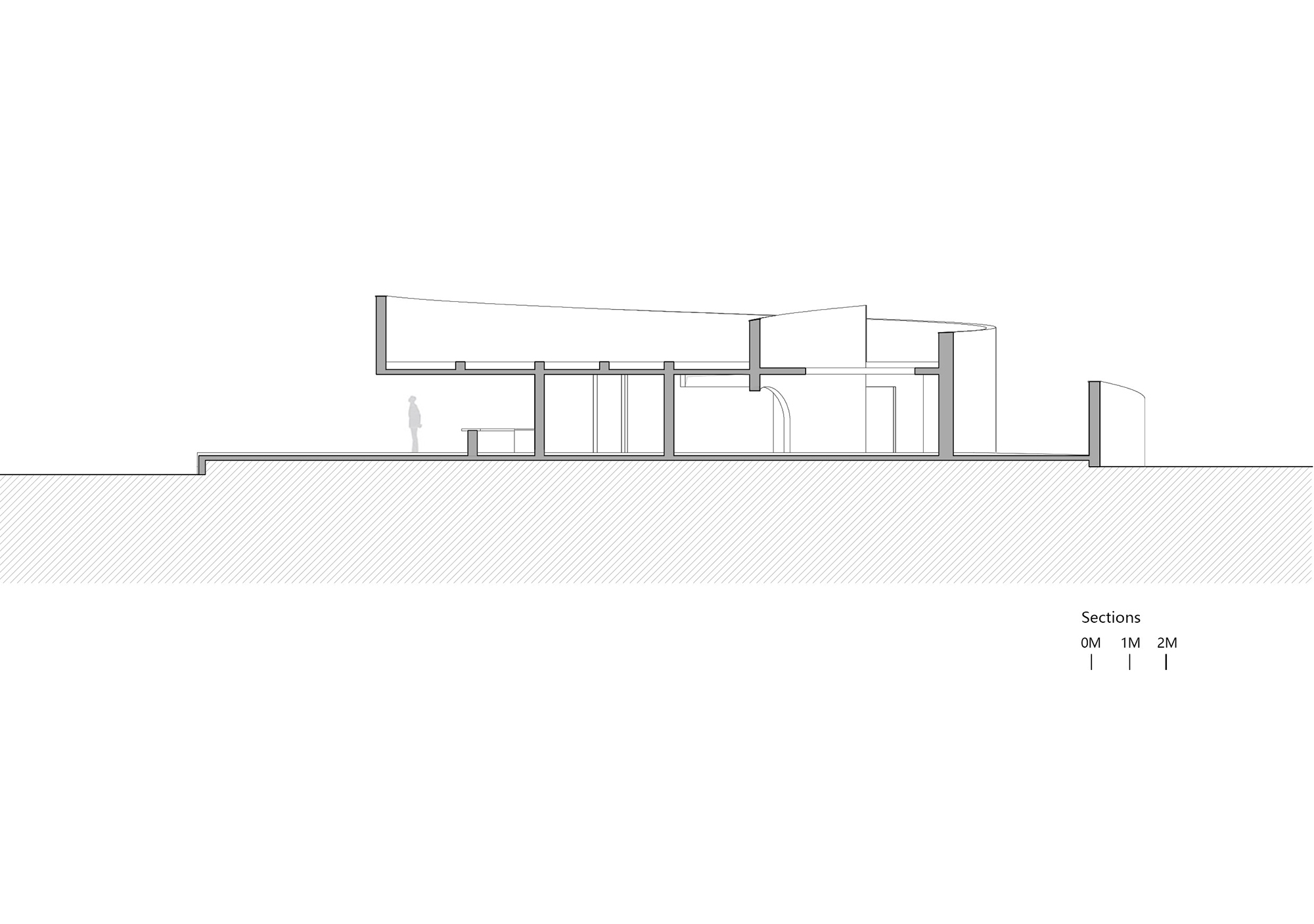 Section drawing revealing the interior spaces and structural elements below grade
