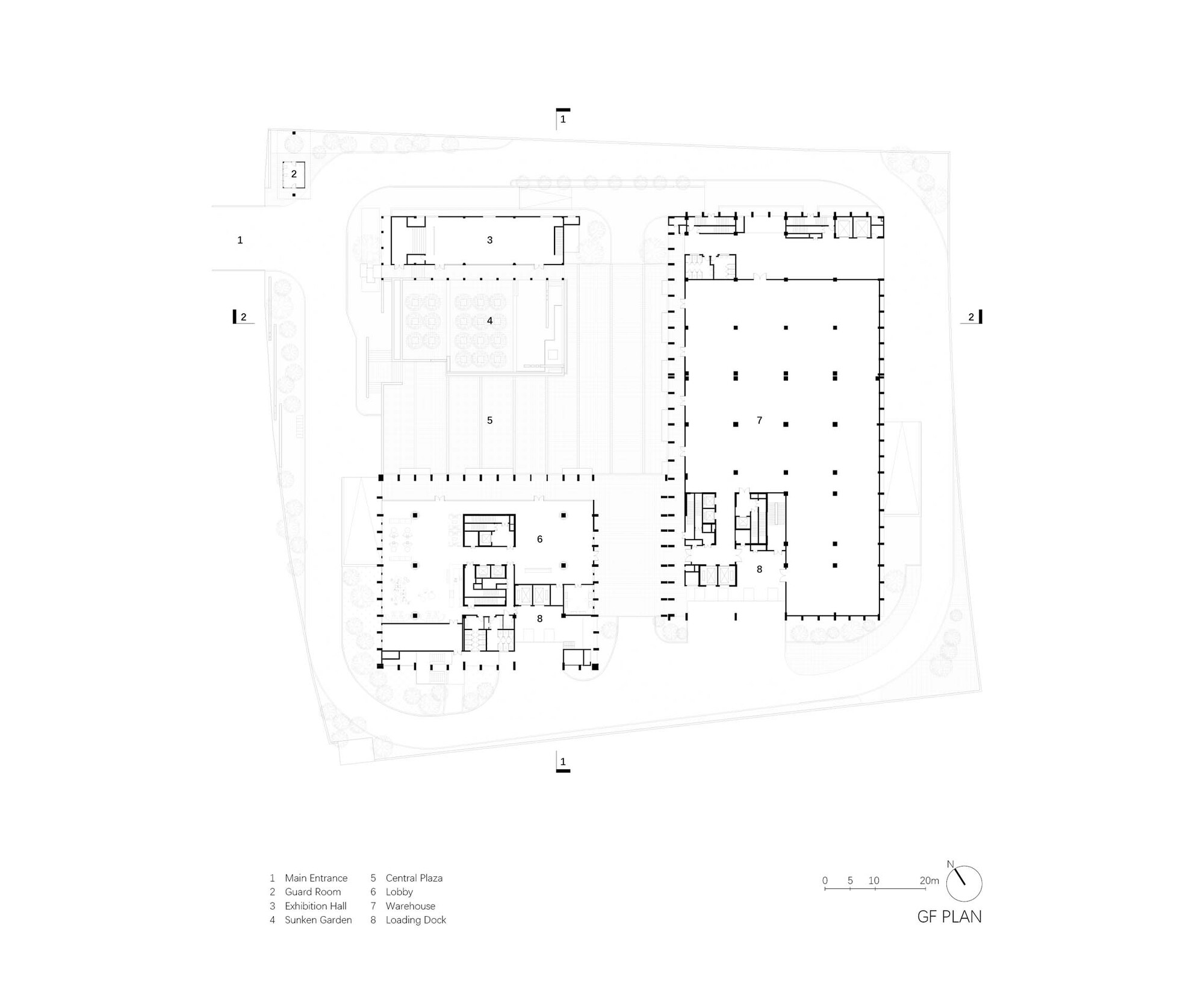 Ground floor plan drawing showing courtyard spaces and interior room layouts with column grids