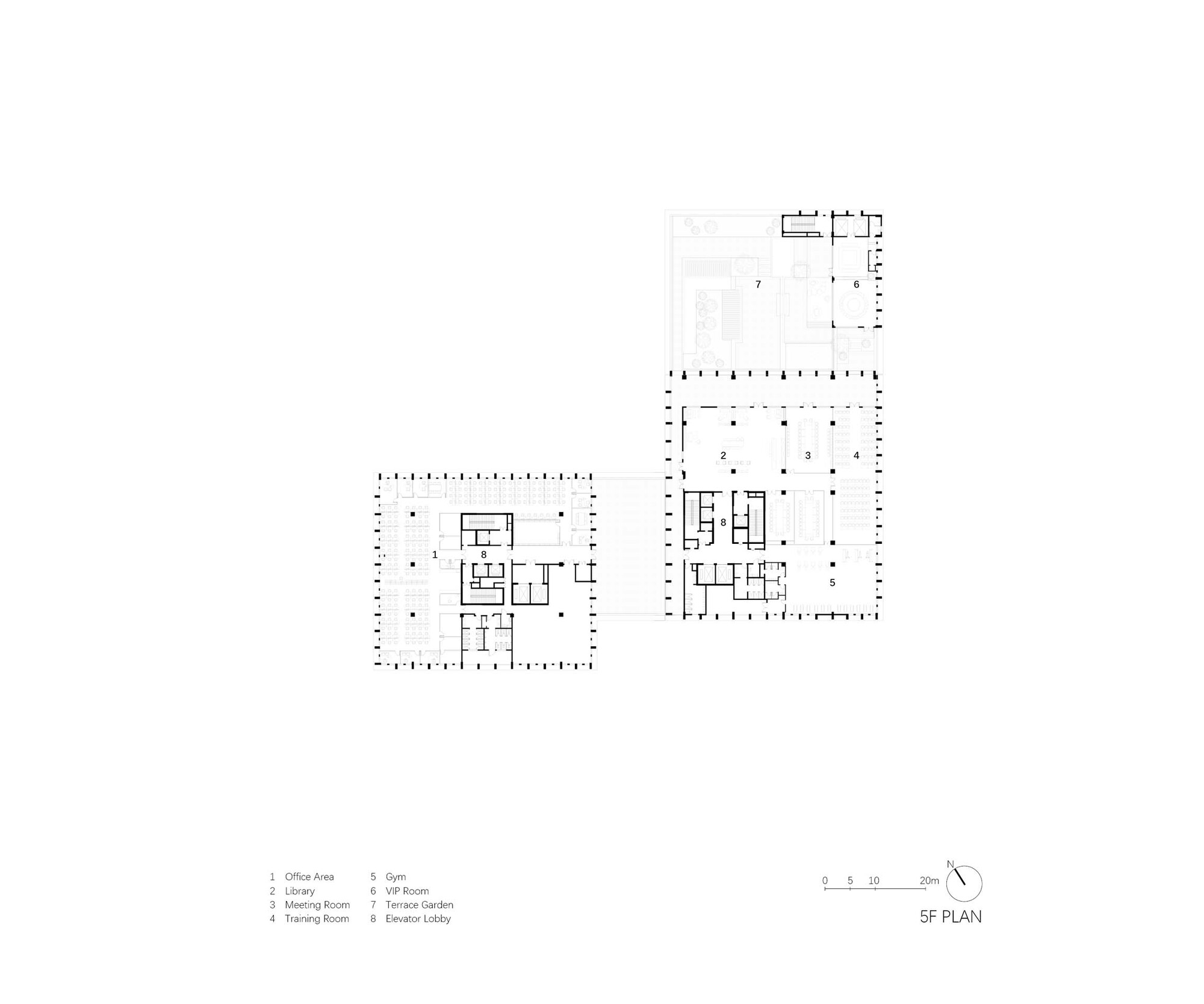 Fifth floor plan drawing showing a central core surrounded by office areas and a terrace garden