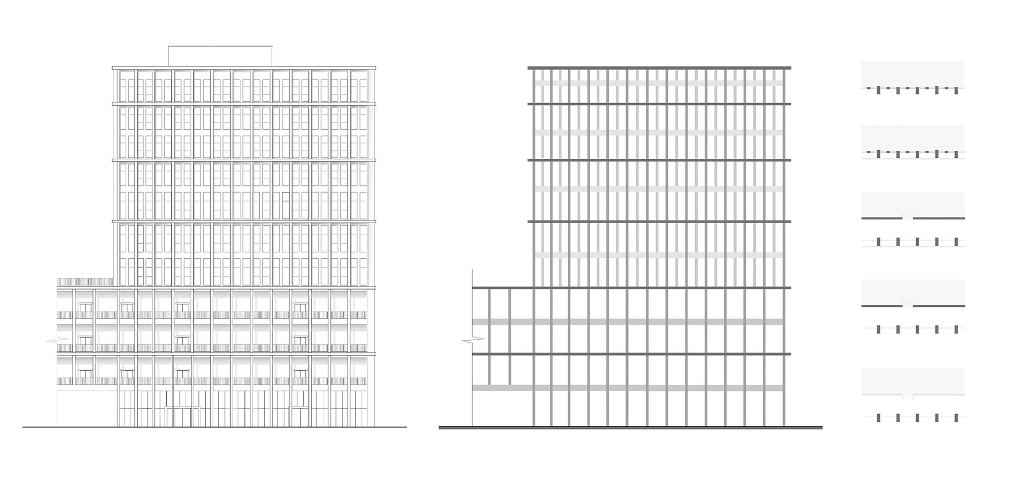 Multiple elevation drawings showing the tower facade variations and a low-rise base with structural grid
