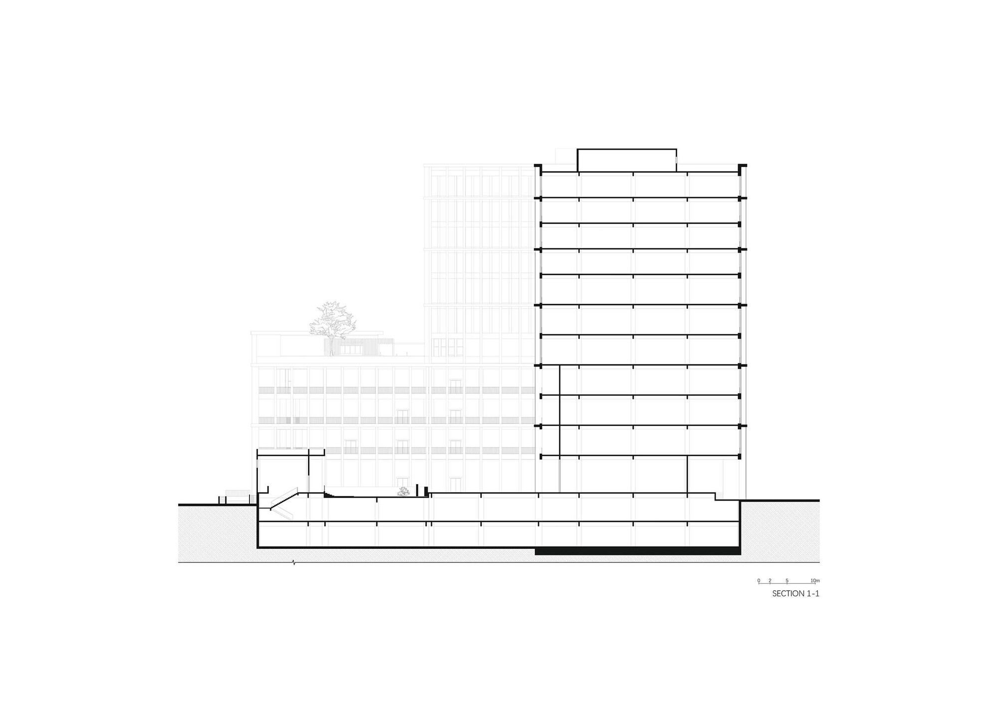 Section drawing showing the tower rising above a horizontal base with planted rooftop trees