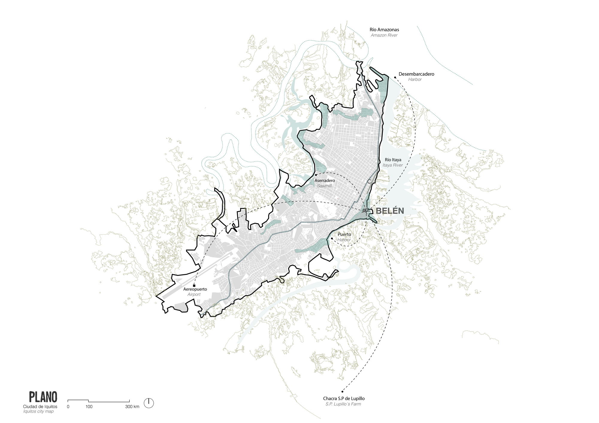 Site plan drawing showing waterways and settlement zones within a floodplain context
