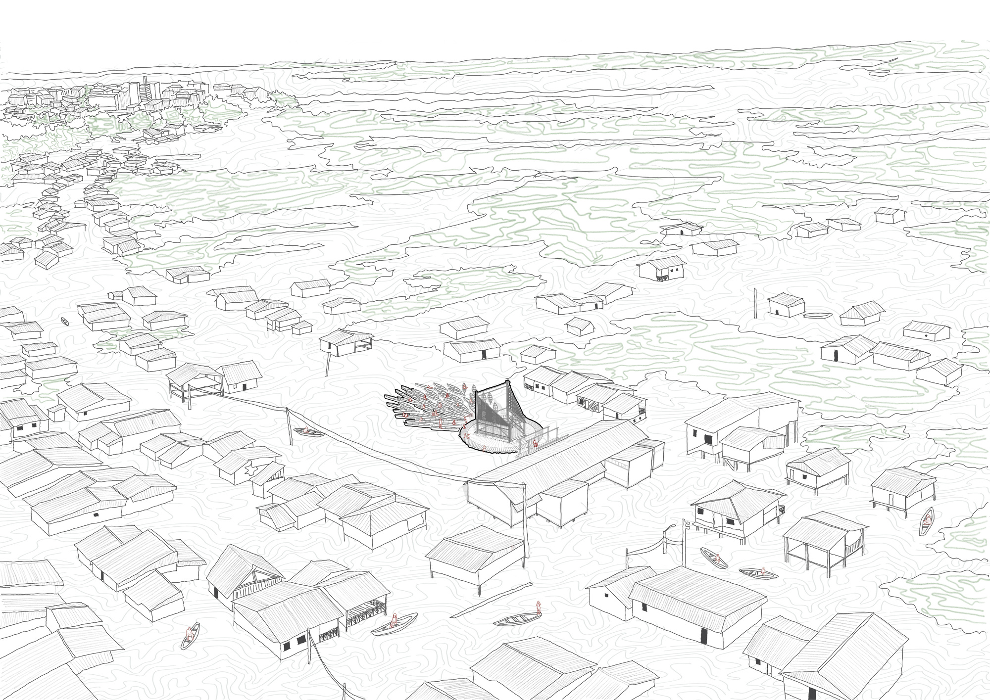 Aerial axonometric drawing of a circular pavilion with radiating canoes in a sparse village landscape