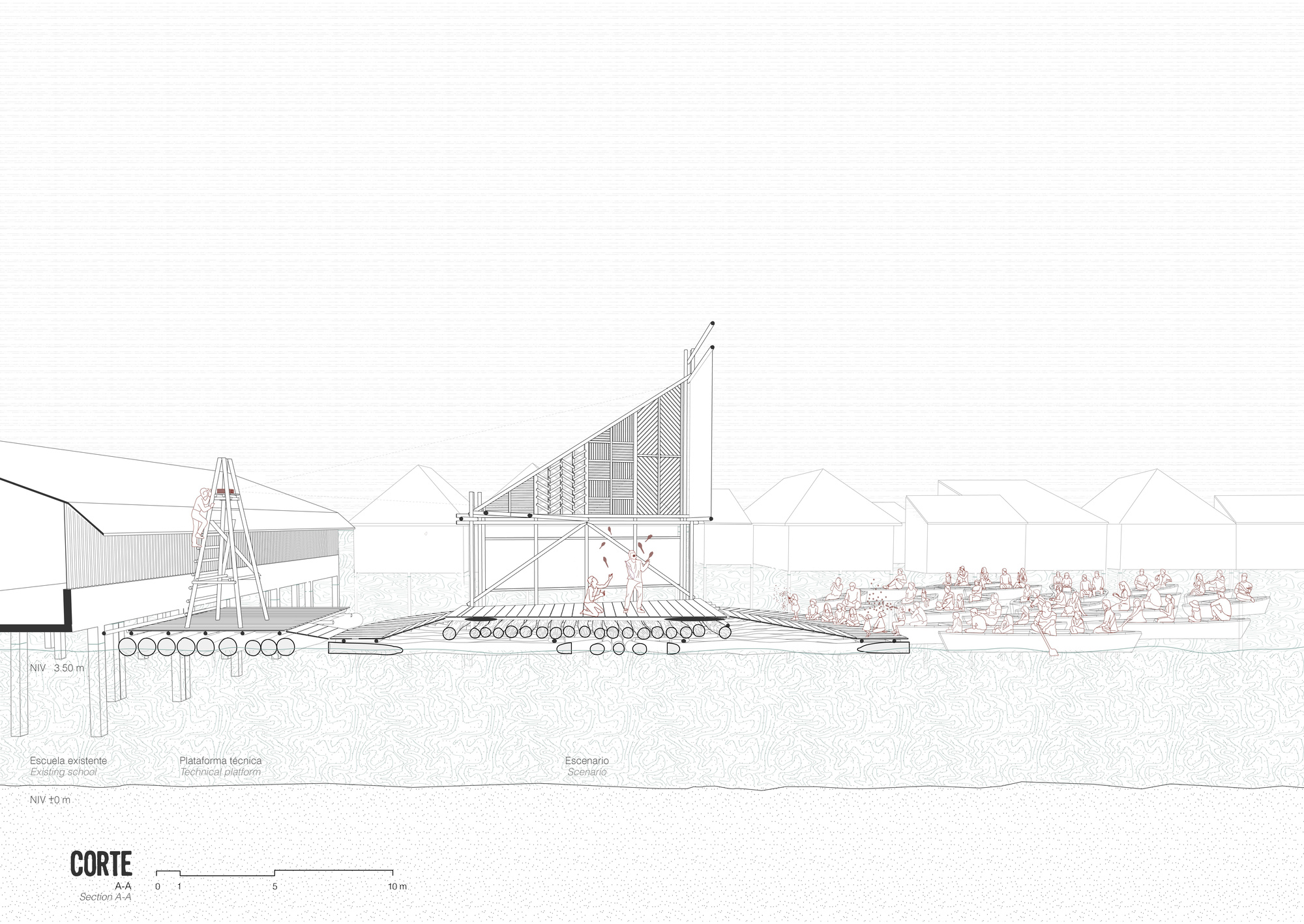 Section drawing depicting the pavilion with a triangular sail-like panel and bleacher seating facing the water