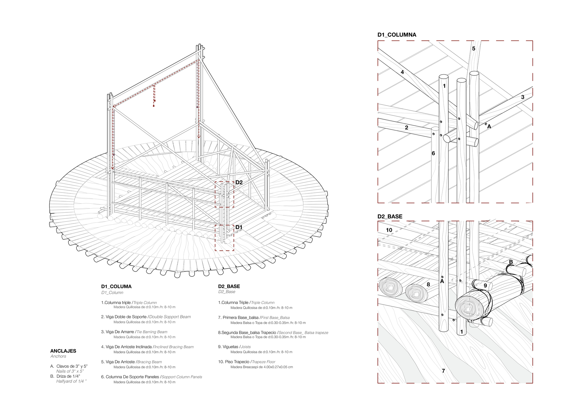 Isometric construction detail drawing of column connections and base anchoring system with timber decking and cable supports