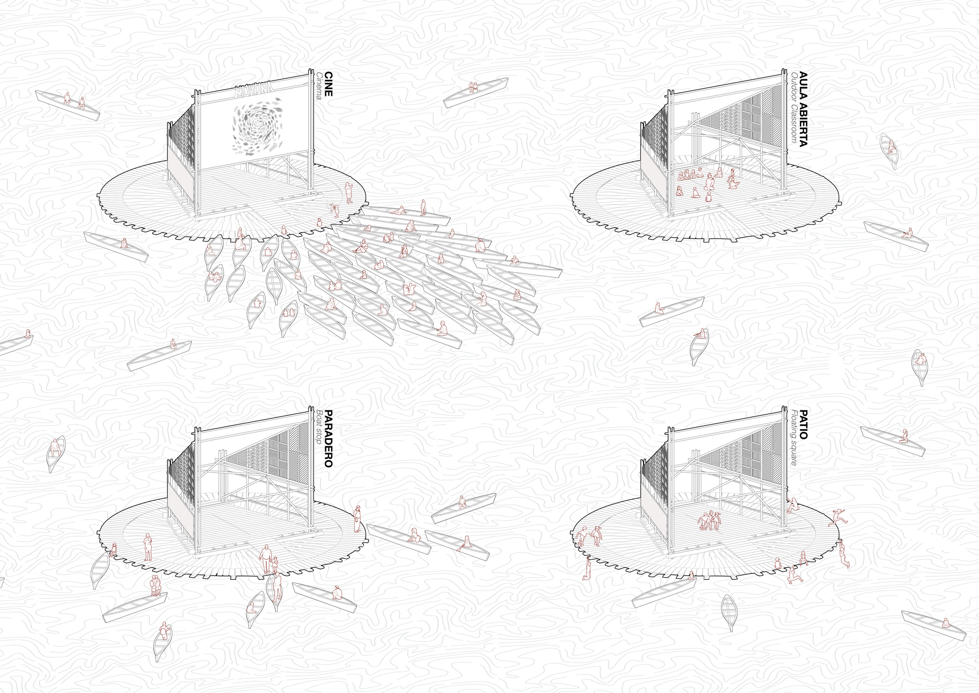 Four sequential axonometric diagrams showing different assembly stages with canoes radiating from the circular platform