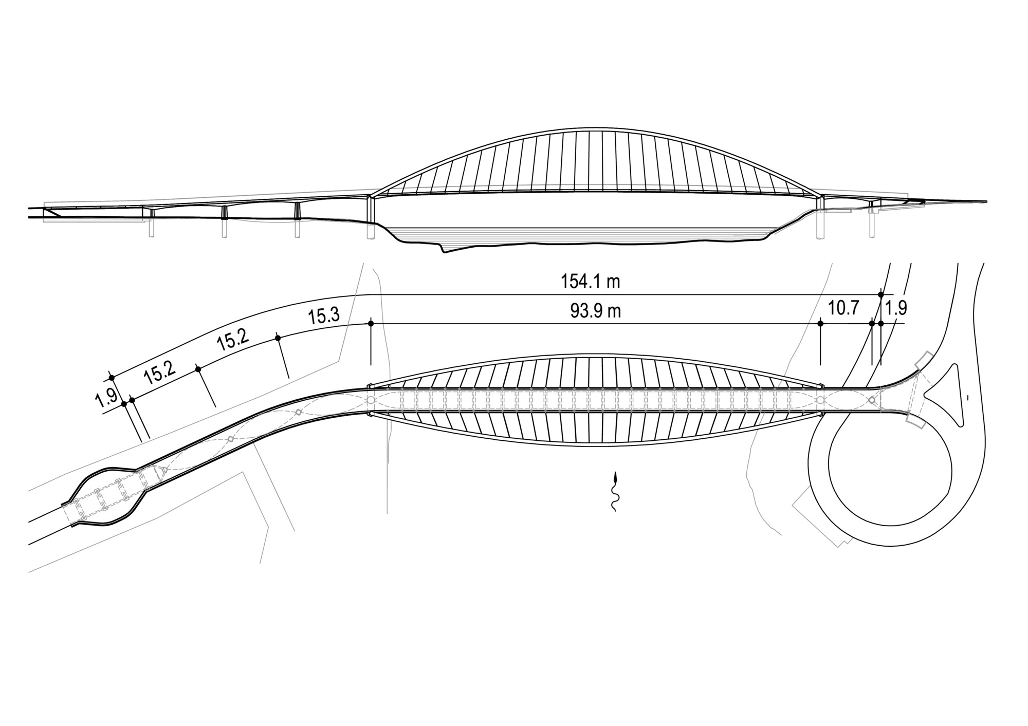 Elevation and section drawings of the arched pedestrian bridge with annotated span dimensions