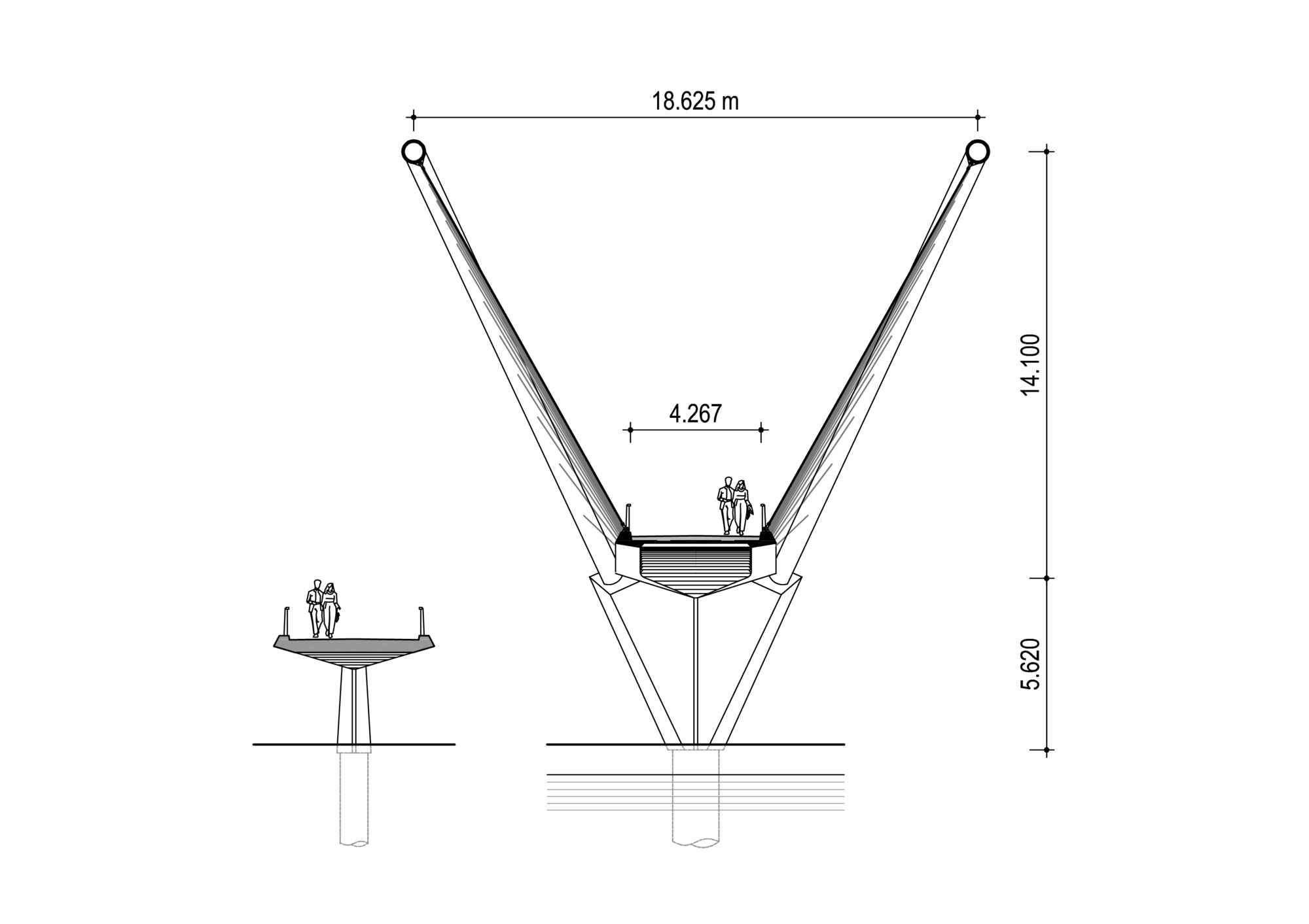 Section drawing of the bridge pylon showing angled support arms and deck connection with human figures for scale