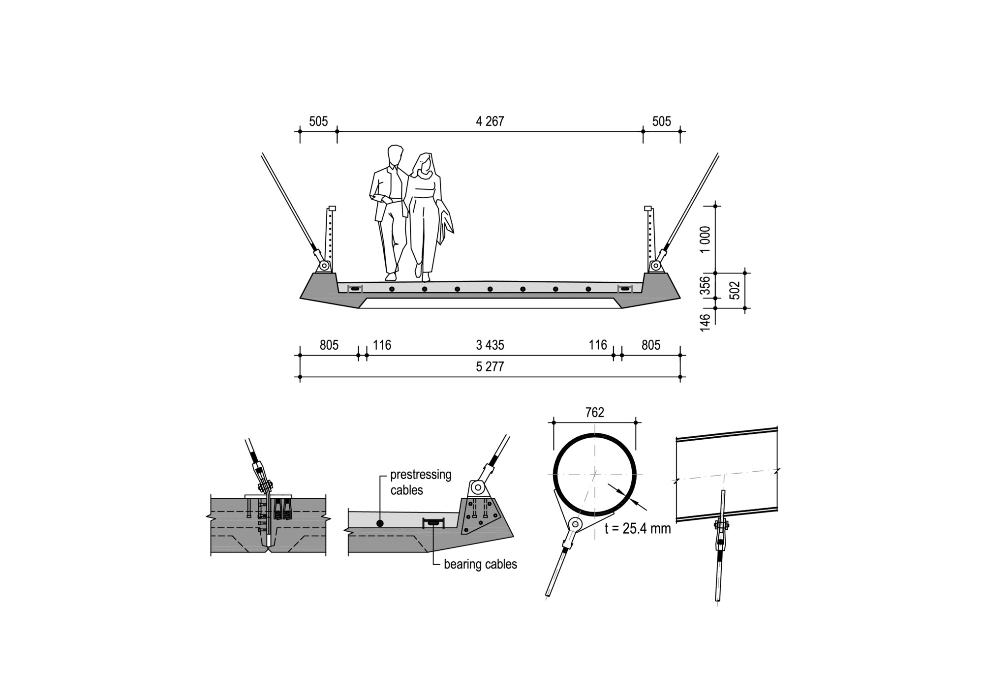 Detail section drawings of the deck structure with prestressing cables and bearing cable connections
