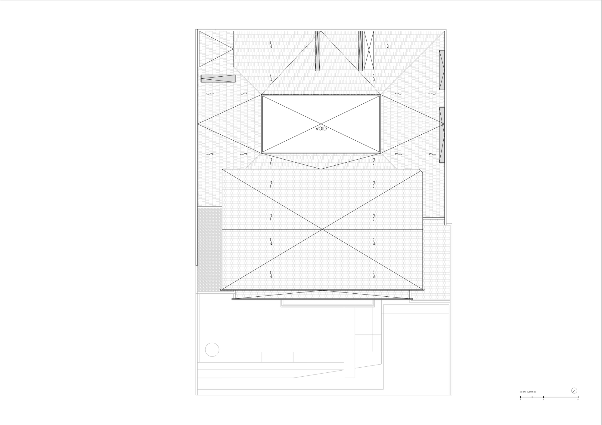 Roof plan drawing showing layered pitched roof structures with cross-bracing and textured panels below