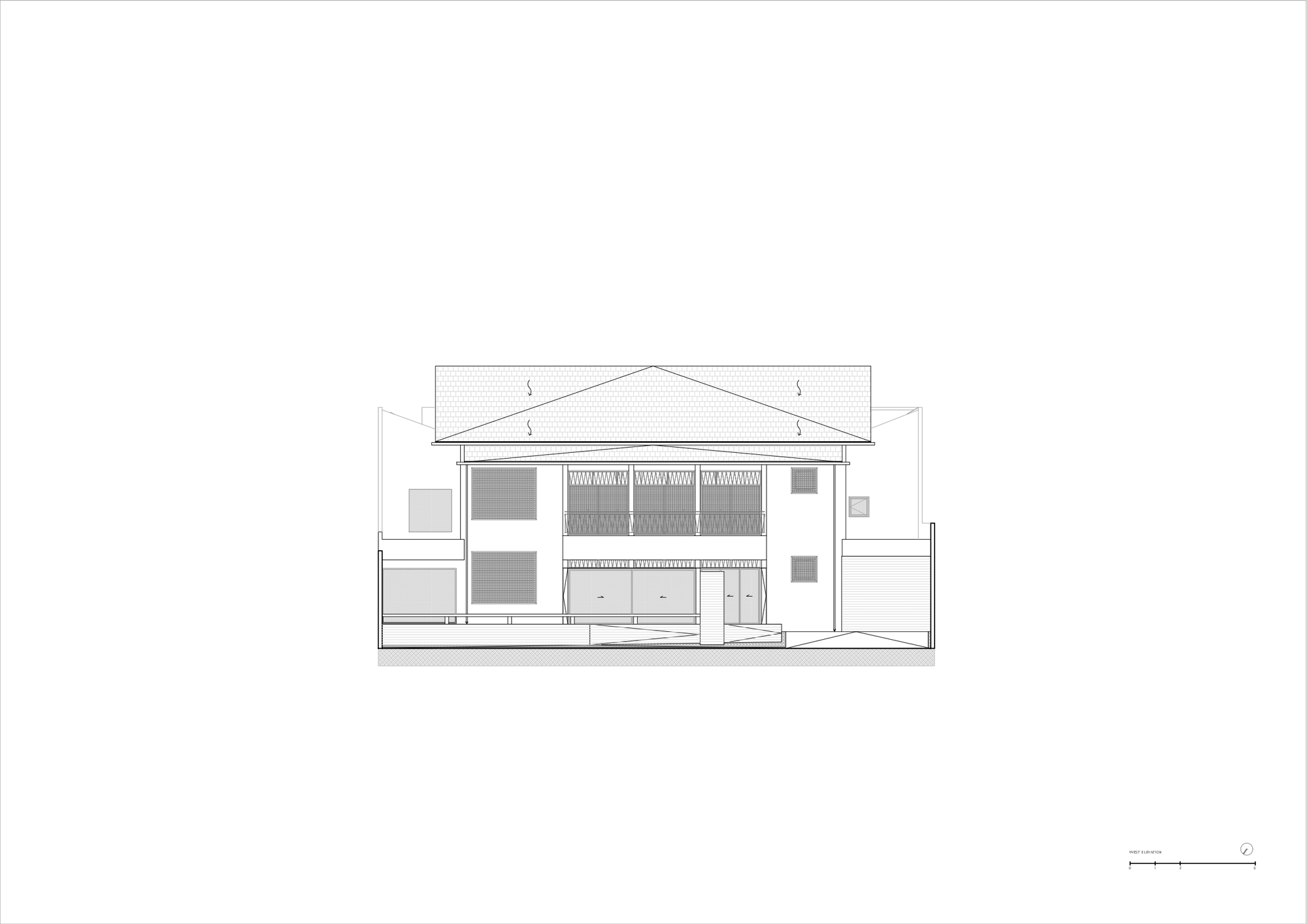 Section drawing cutting through the two-story volume showing the pitched roof and interior spatial relationships