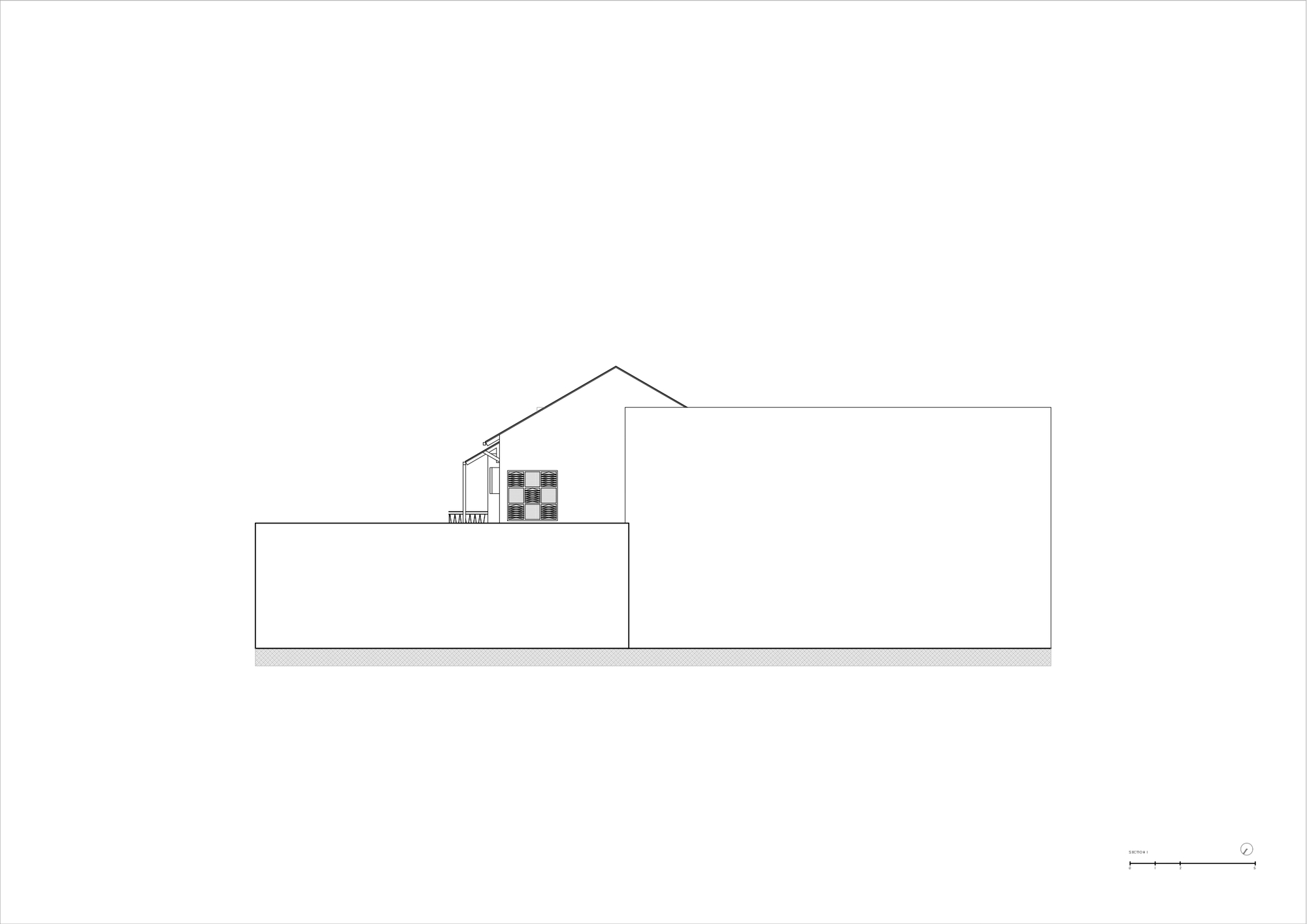 Elevation drawing showing a gabled volume emerging from a horizontal plinth with minimal openings