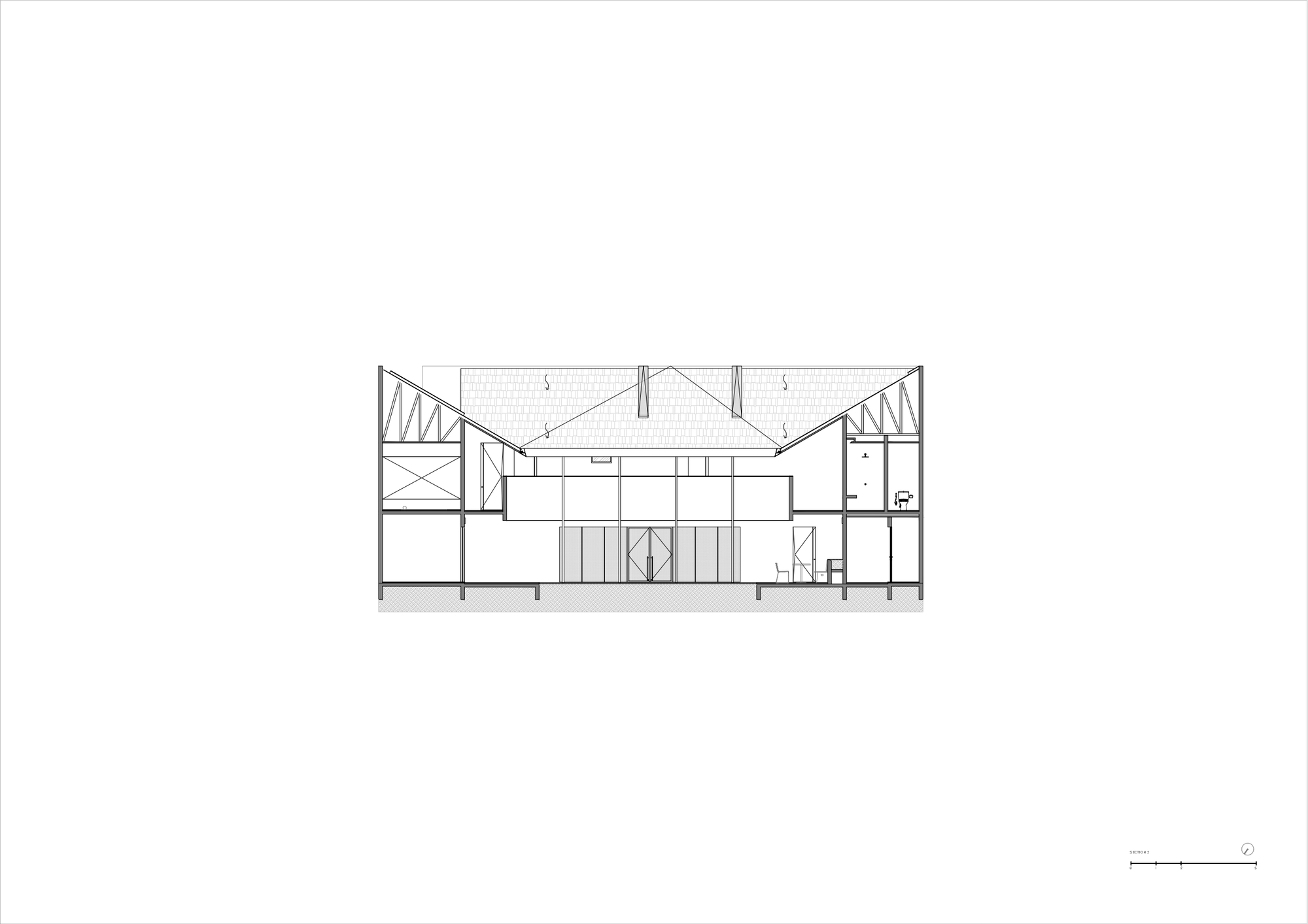 Section drawing showing a symmetrical pitched roof structure with central atrium and flanking spaces