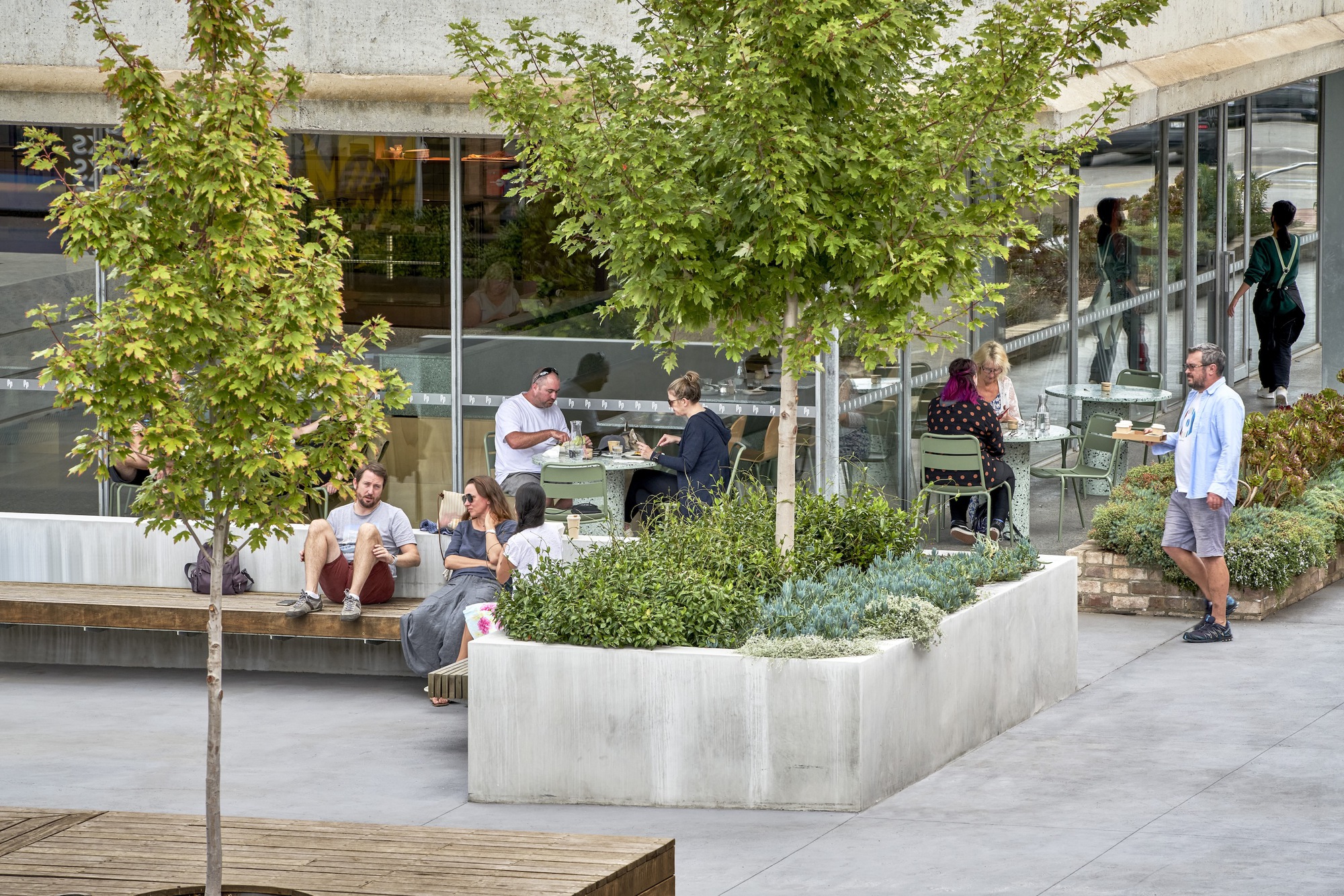 Concrete planter beds with young trees and seating areas where people gather beside glazed shopfront