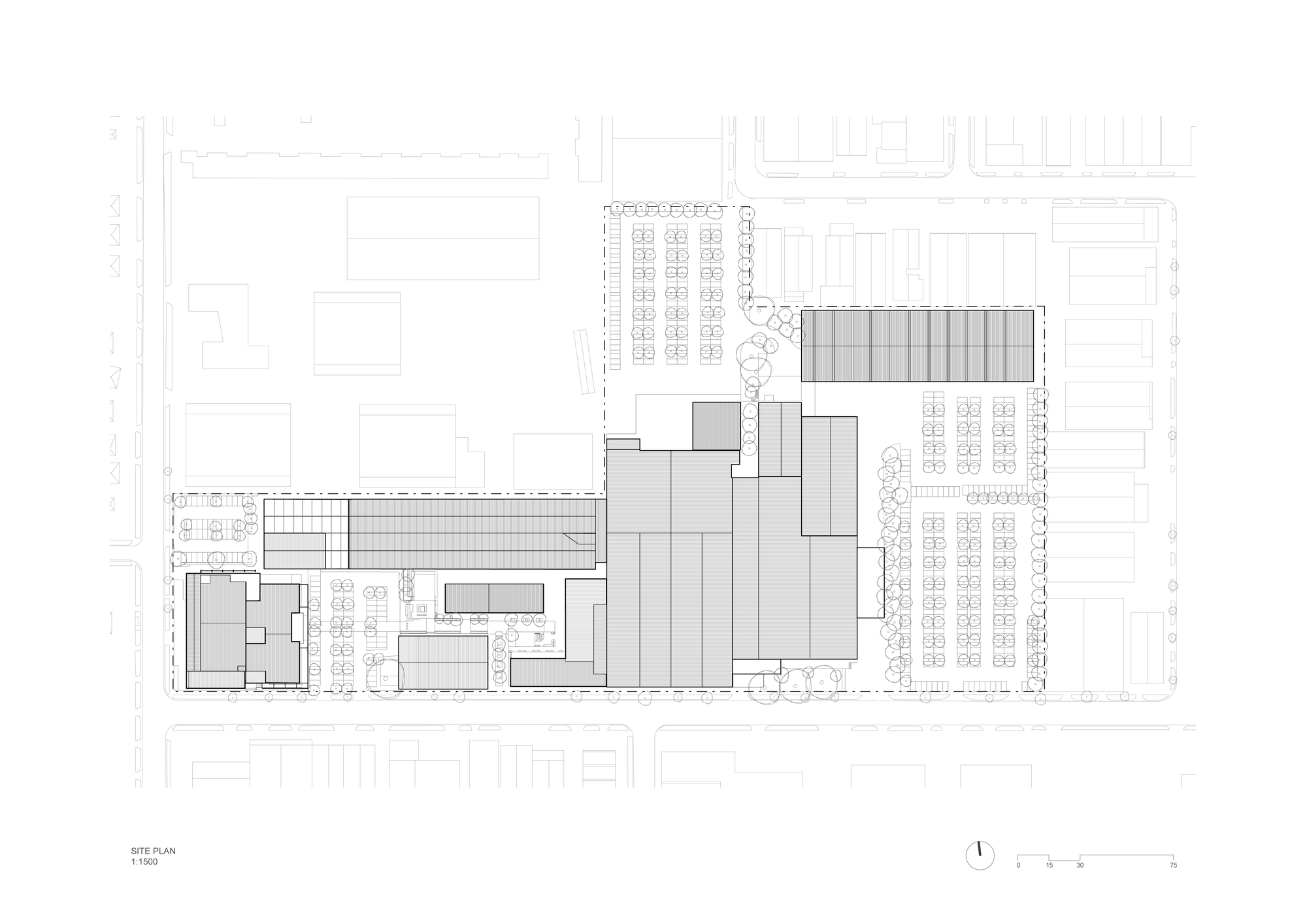 Site plan drawing showing clustered volumes with surrounding parking lots and tree-lined streets