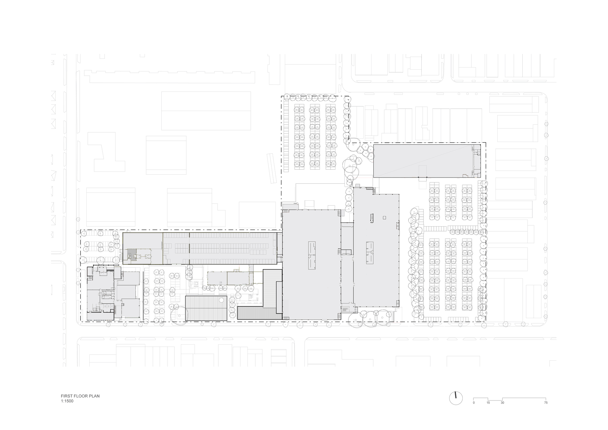 First floor plan drawing showing two large open volumes connected by circulation zones