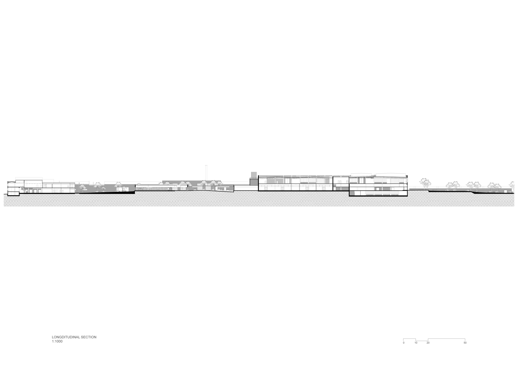 Longitudinal section drawing showing the low horizontal massing with varying roof heights and trees