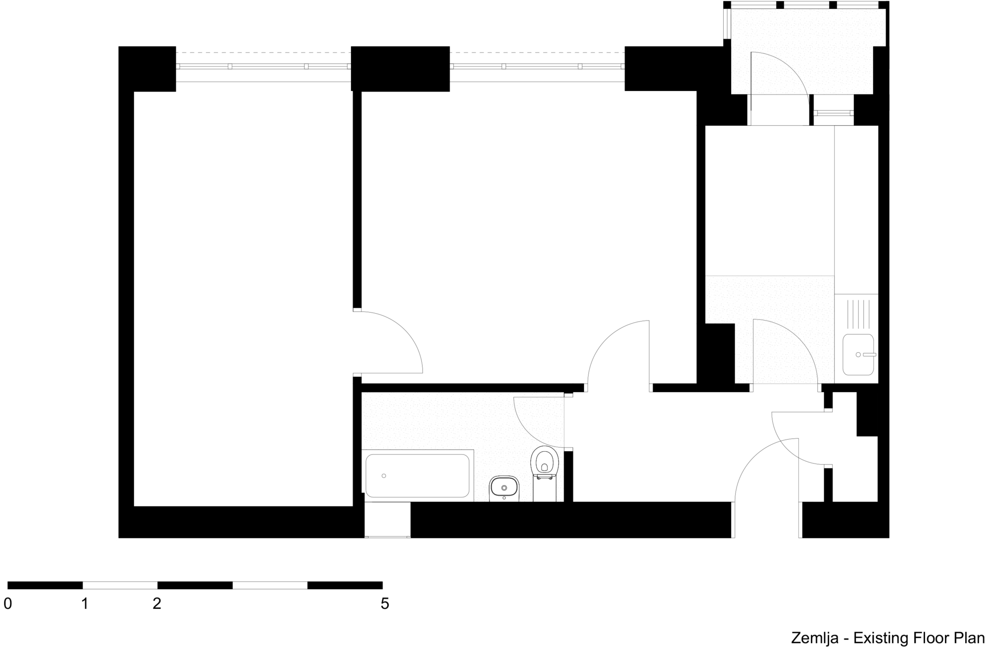 Existing floor plan drawing showing a two-room apartment layout with bathroom and kitchen