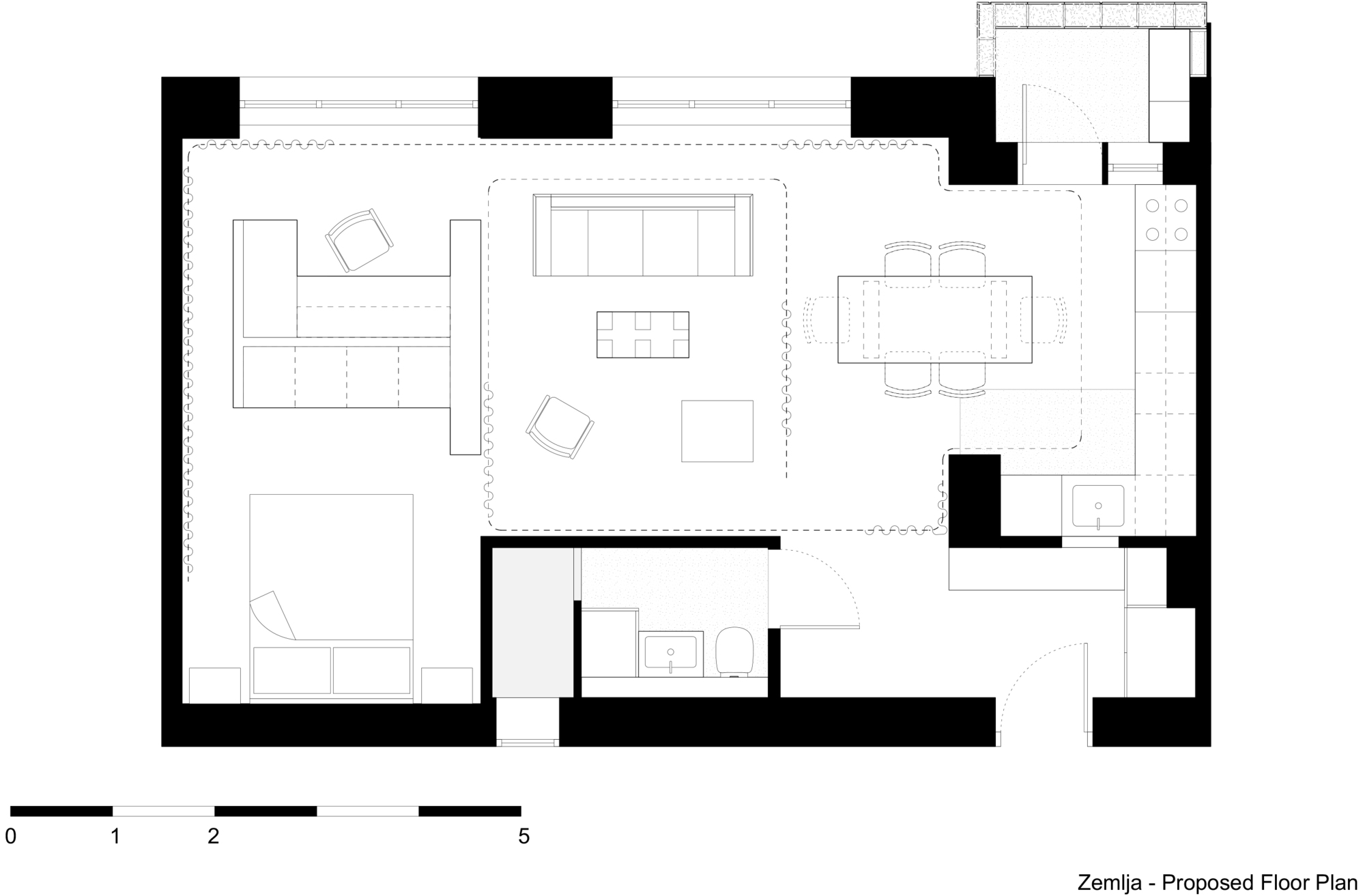 Proposed floor plan drawing showing open living and dining area with integrated bedroom and kitchen