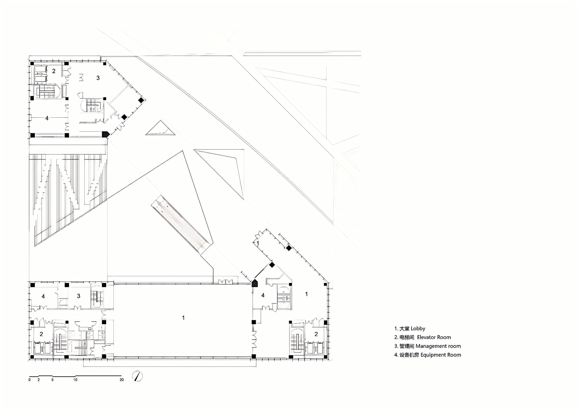 Ground floor plan drawing showing lobby and service areas within an angular footprint