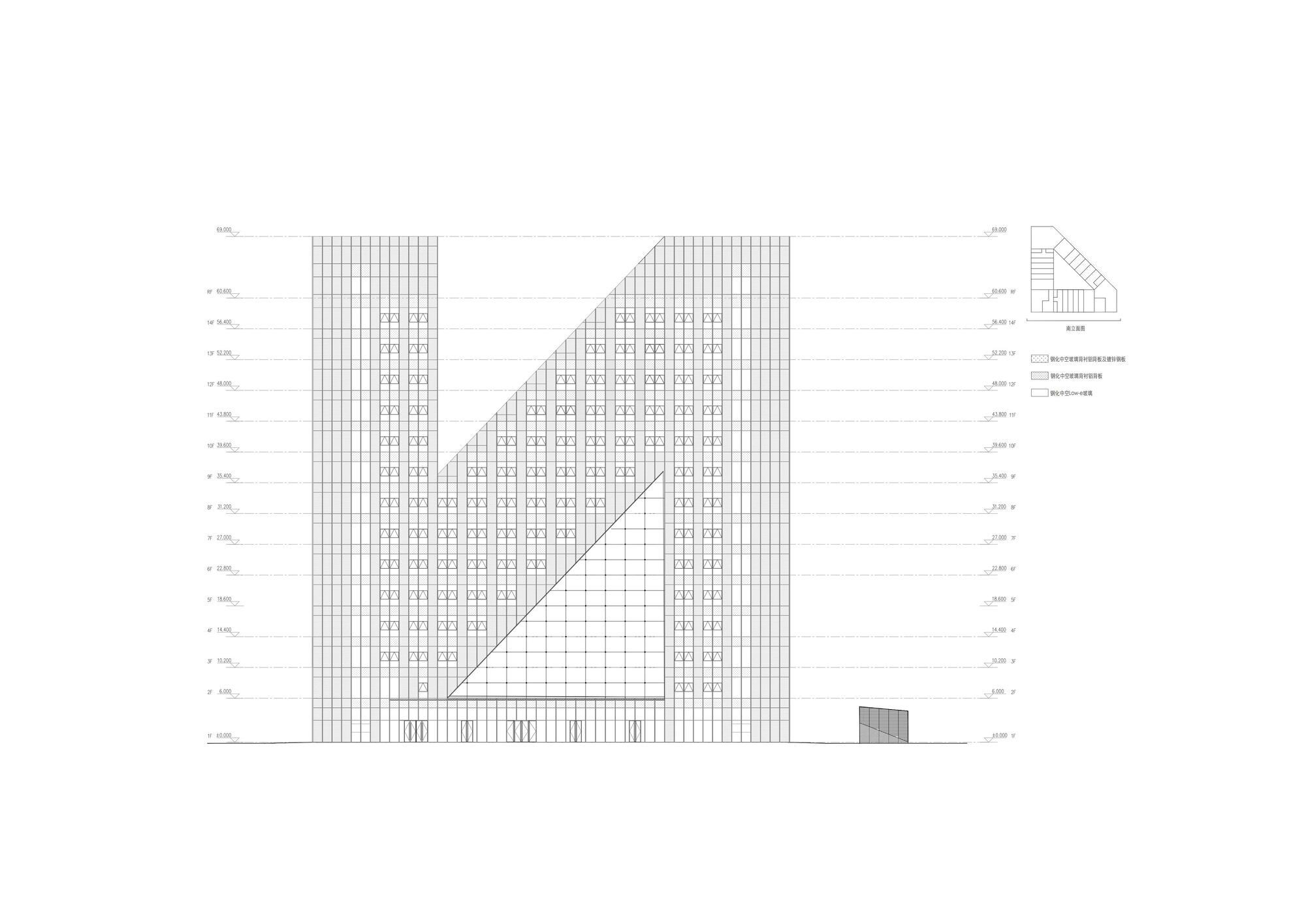 Elevation drawing depicting a tower with gridded facade and diagonal glazed plane alongside adjacent low structure