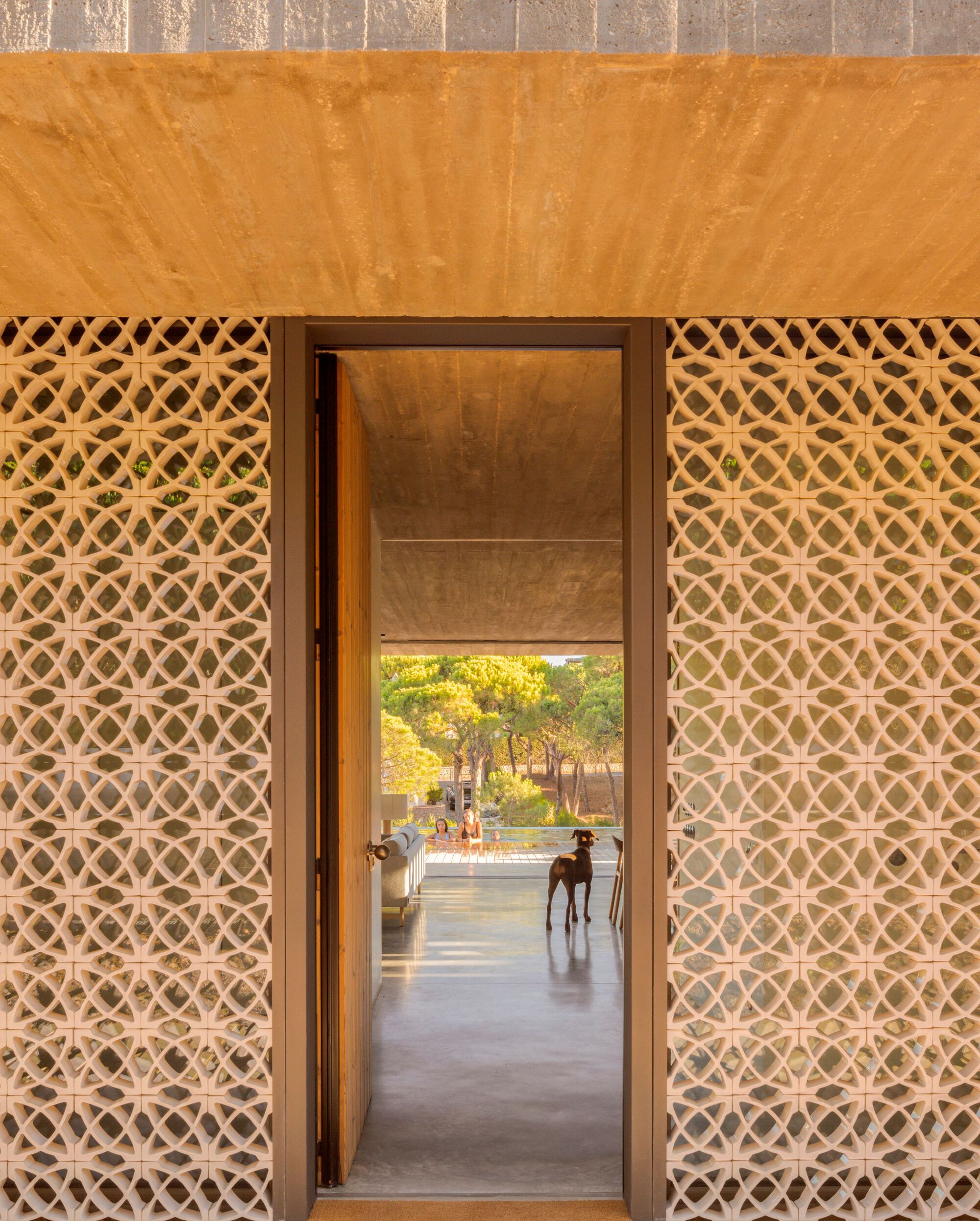 Doorway framed by diagonal lattice screens opening to a terrace with a dog standing in the threshold